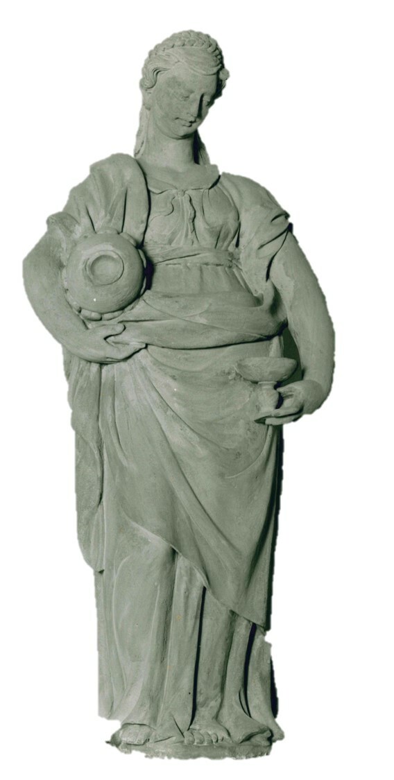Figuren des Petrusbrunnens auf dem Trierer Hauptmarkt: Petrus und die vier Kardinaltugenden (Stadtmuseum Simeonstift Trier CC BY-NC-ND)