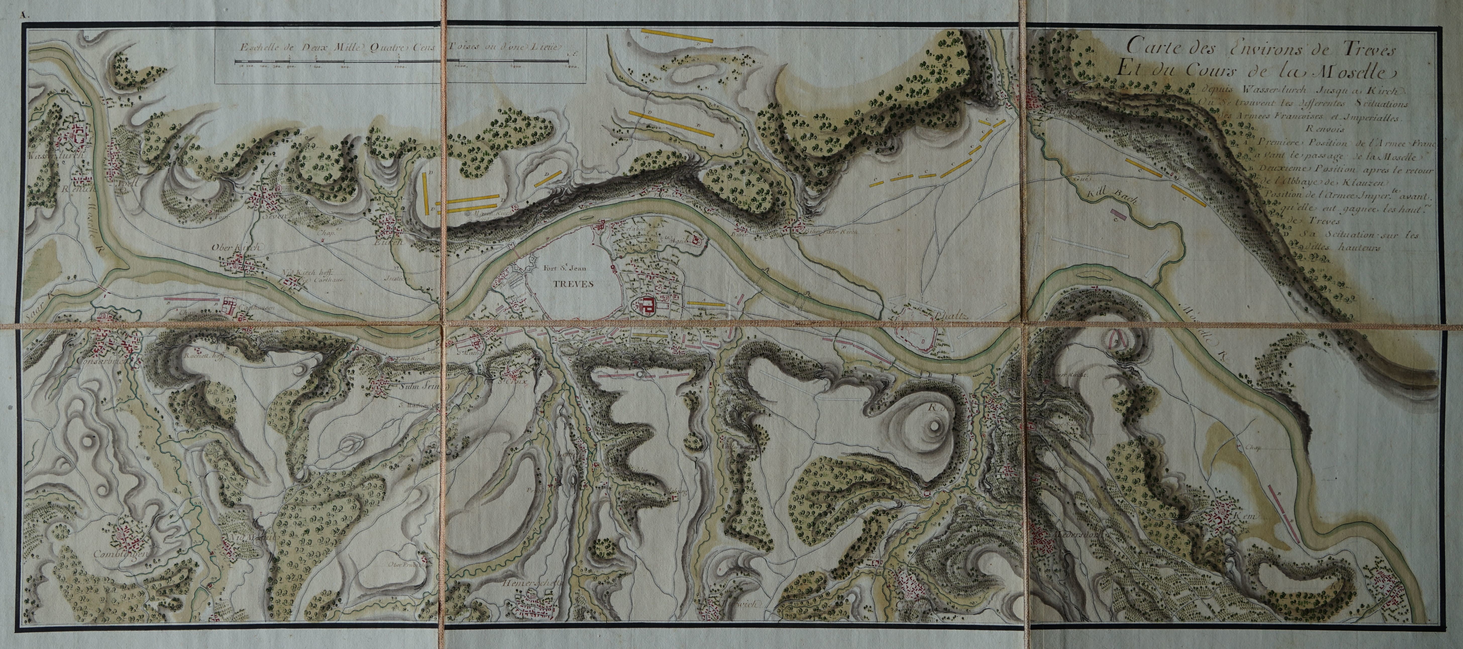 Karte mit der Umgebung von Trier und den Truppenbewegungen vor und anch dem "Treffen bei Klausen" 1735 (Stadtmuseum Simeonstift Trier CC BY-NC-ND)