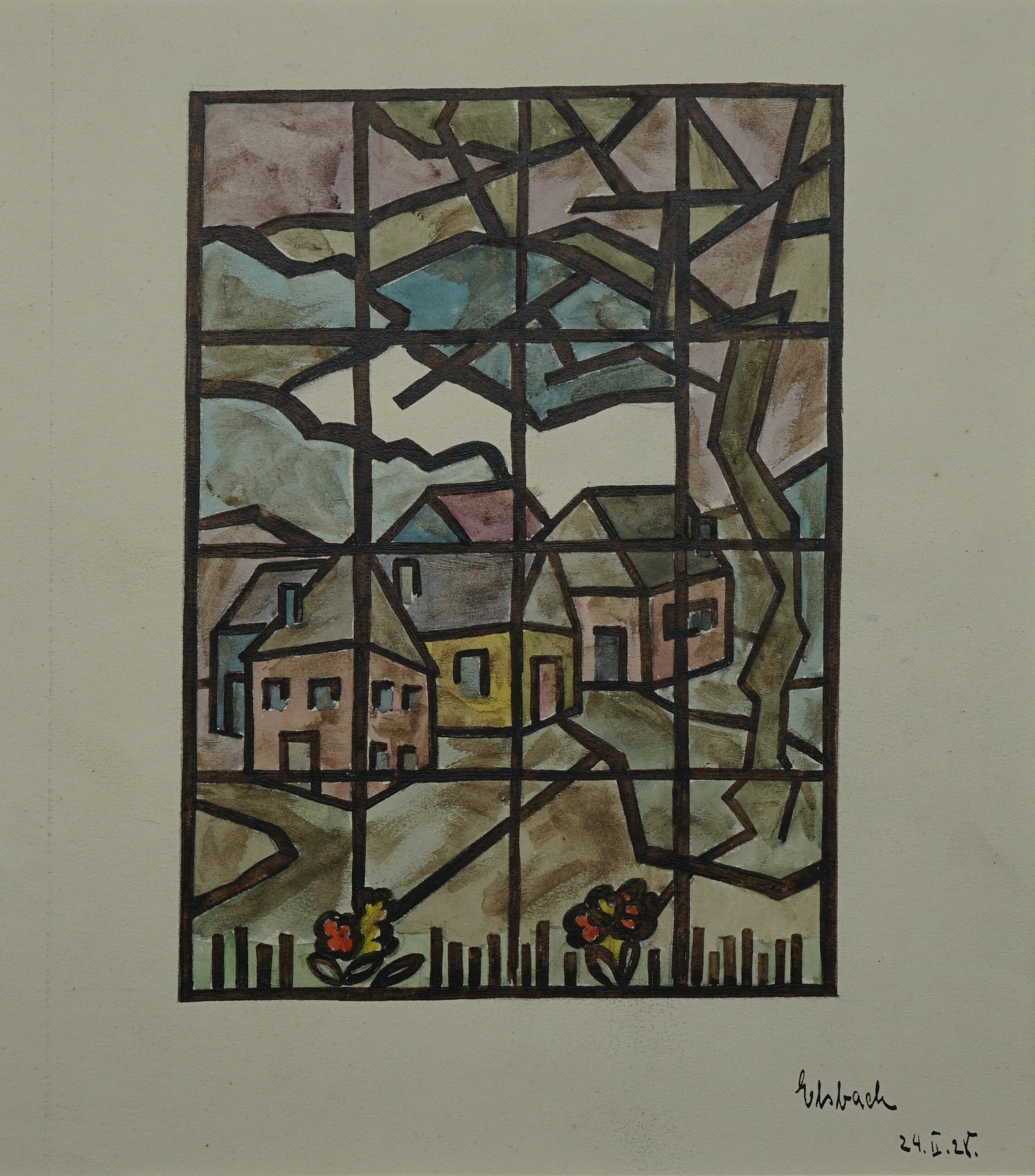 Entwurf für eine Glasmalerei - Häuser in einer bergigen Landschaft (Stadtmuseum Simeonstift Trier CC BY-NC-ND)