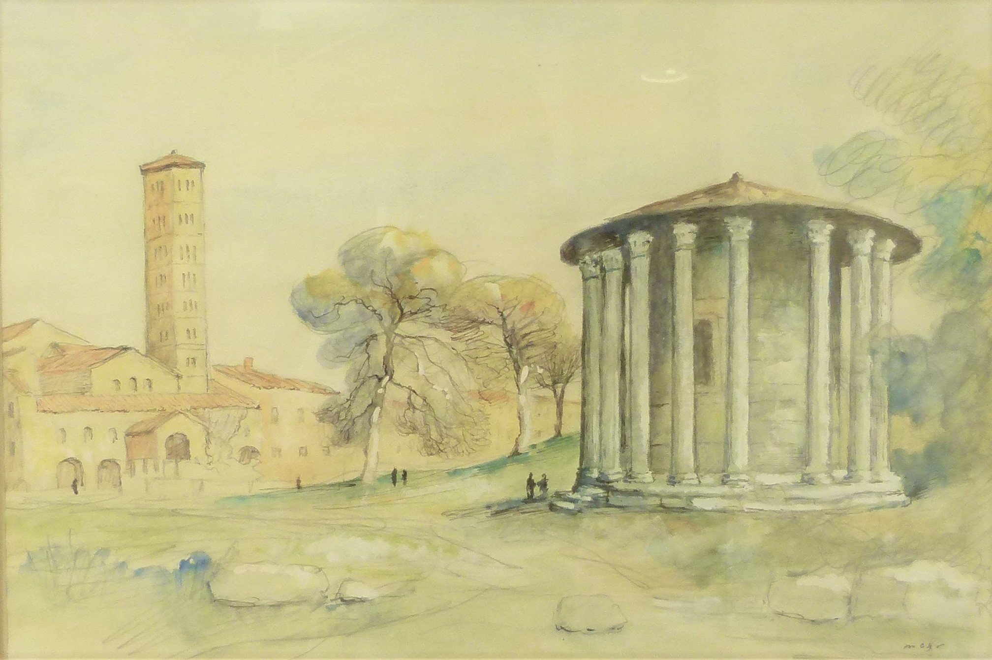 Ansicht der Stadt Rom mit dem Tempel des Herkules Invictus, auch Vesta-Tempel genannt, und Santa Maria in Cosmedin (Stadtmuseum Simeonstift Trier CC BY-NC-ND)