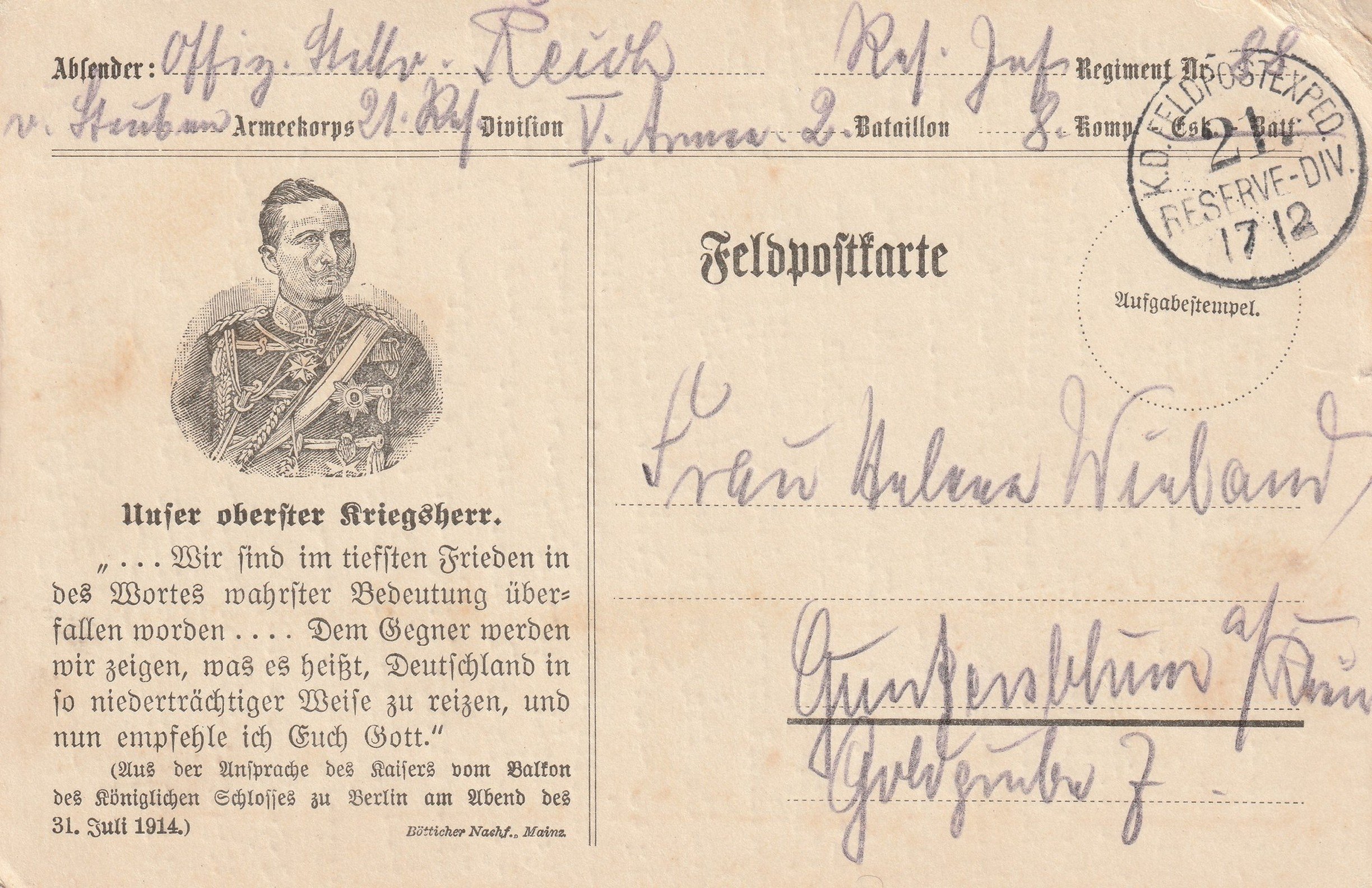 Korrespondenz des Leutnants Theordor Reich mit Helene Wieland in Guntersblum 1914-1916 (Kulturverein CC BY-NC-SA)