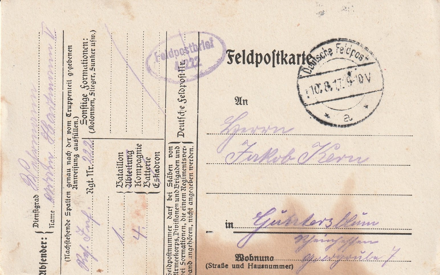 Korrespondenz Adam Hartmann mit Helene Wieland und Jakob Kern in Guntersblum 1914-1918 (Kulturverein CC BY-NC-SA)