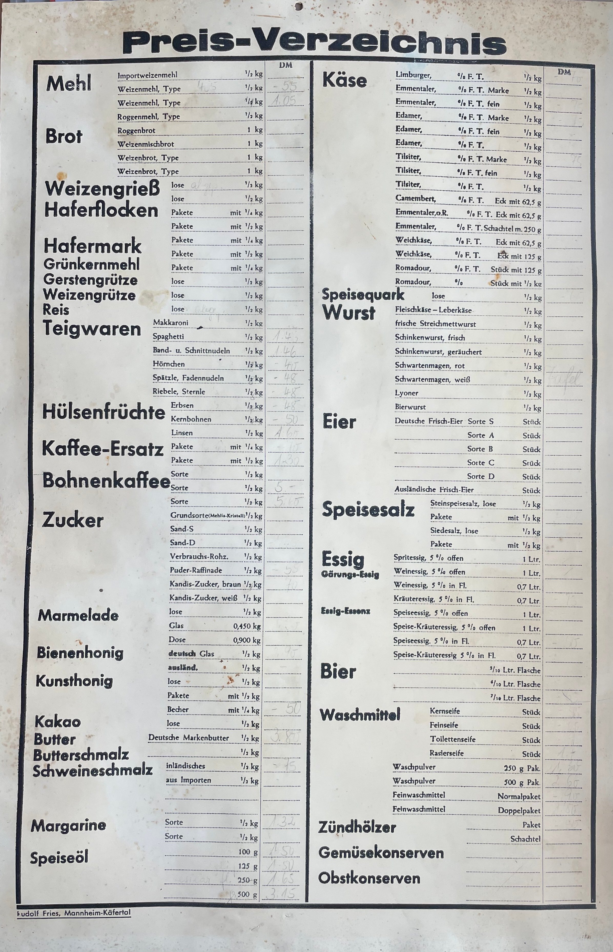 Preistafel Lebensmittel Verkaufspreise (Museum Guntersblum CC BY-NC-SA)