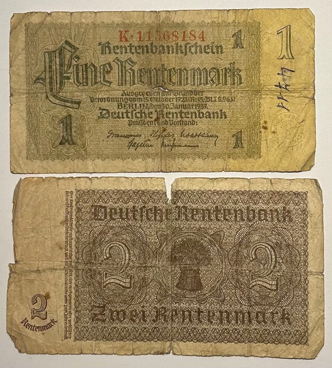 Rentenmarkscheine von 1937 (Museum Guntersblum CC BY-NC-SA)