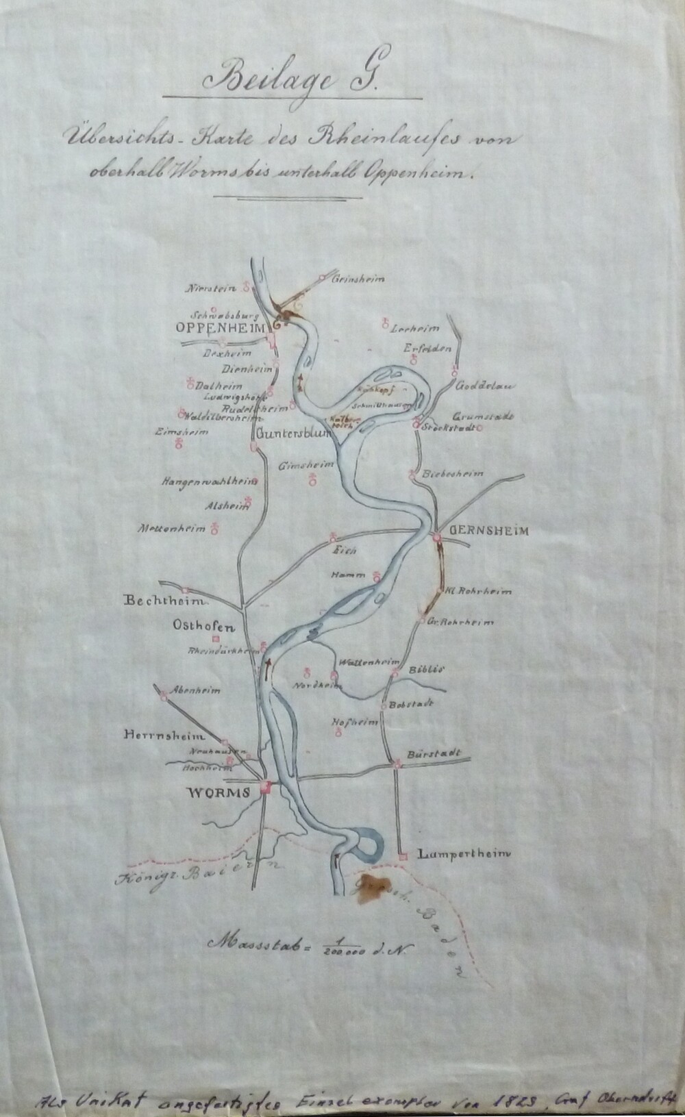 Übersichts-Karte des Rheinlaufes 1829 (Kulturverein Guntersblum CC BY-NC-SA)