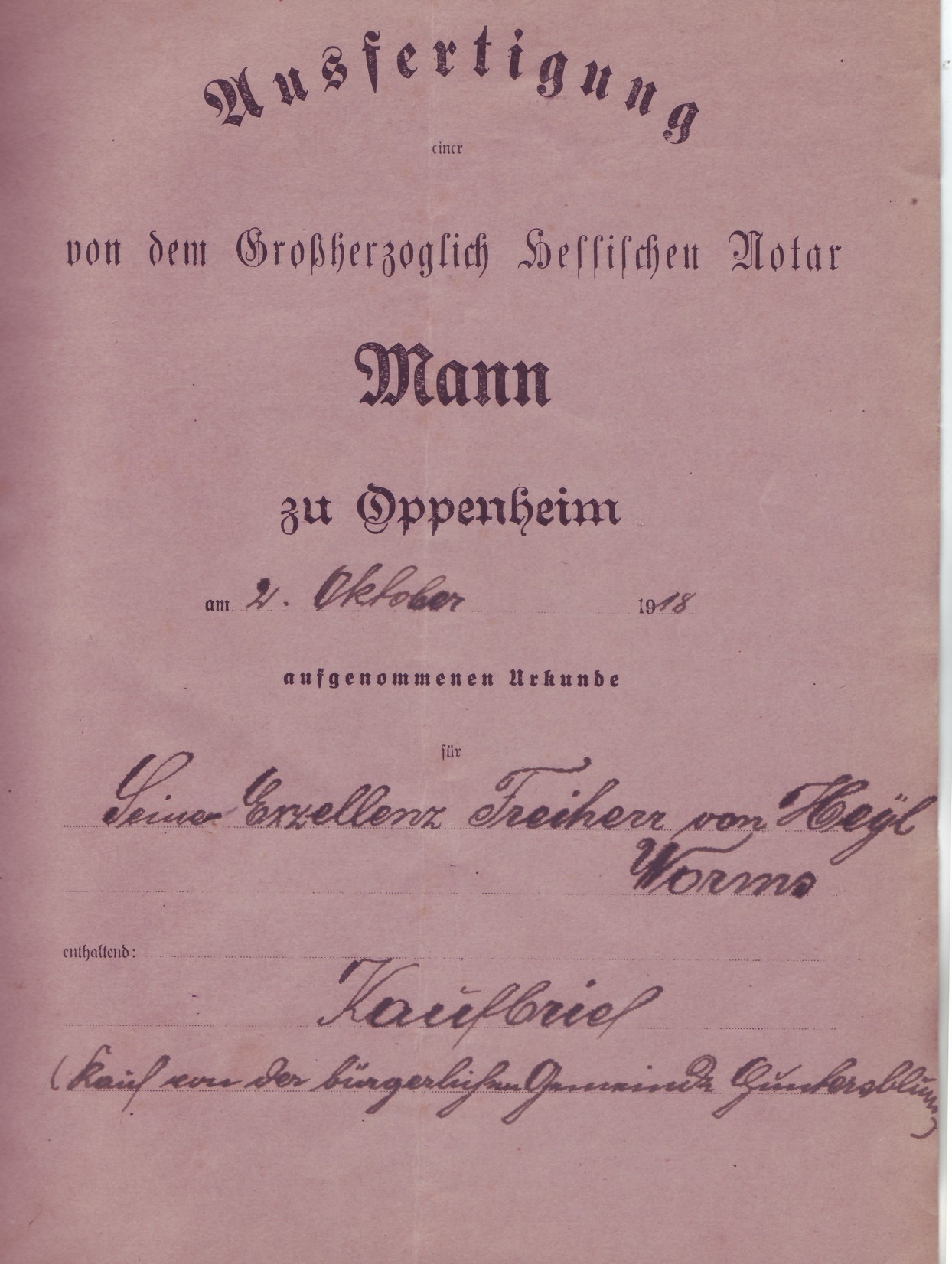 Kaufbrief Freiherr von Heyl - Gemeinde Guntersblum (Kulturverein Guntersblum CC BY-NC-SA)