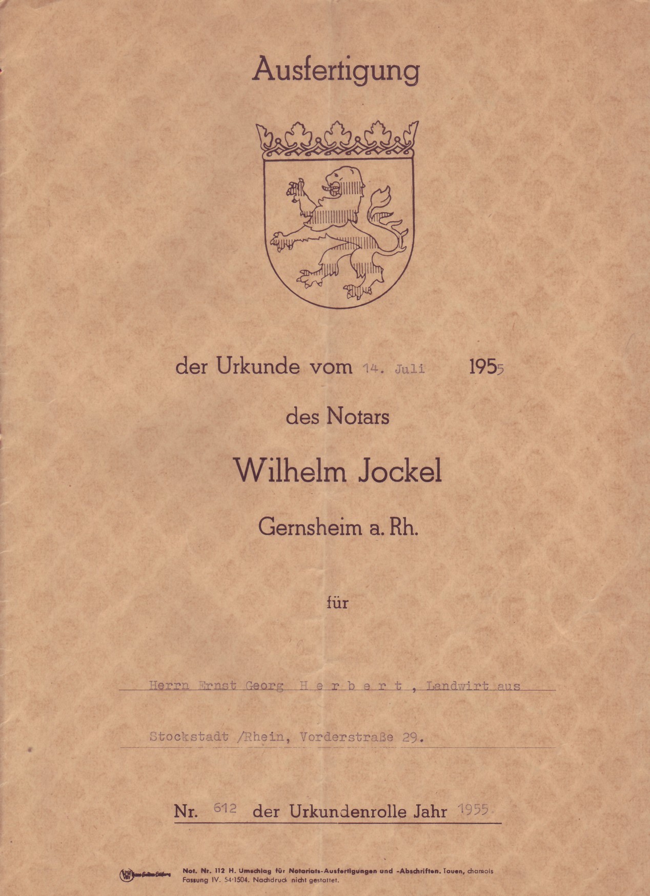 Notariatsurkunden des Herrn Ernst Georg Herbert, Stockstadt (Kulturverein Guntersblum CC BY-NC-SA)