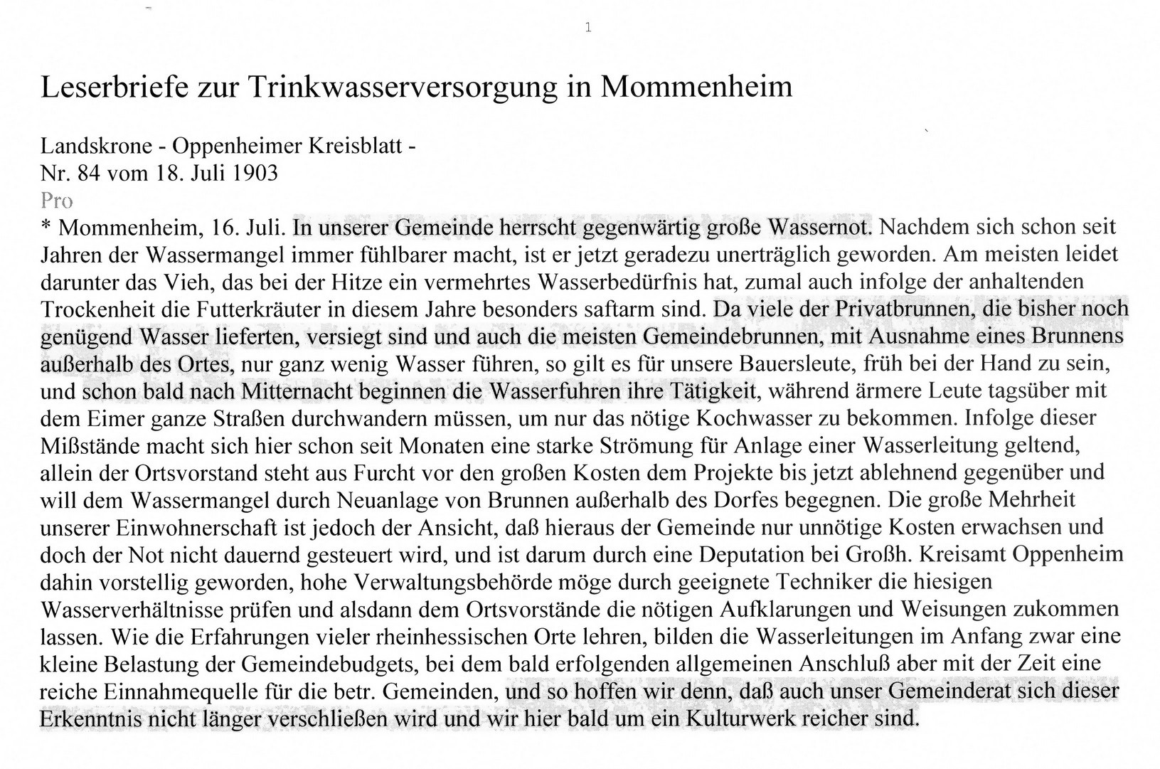 Pro und Contra zur Wasserversorgung aus Mommenheim (Kulturverein Guntersblum CC BY-NC-SA)