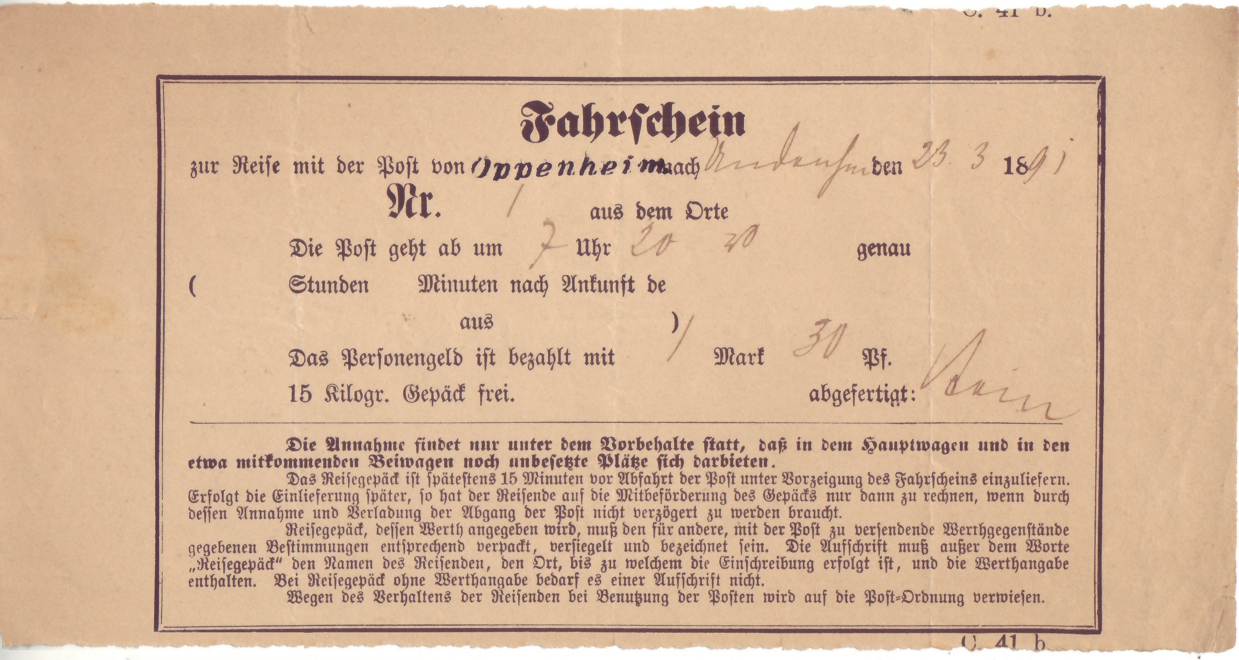 Post-Kutschen Fahrschein (1891) (Kulturverein Guntersblum CC BY-NC-SA)