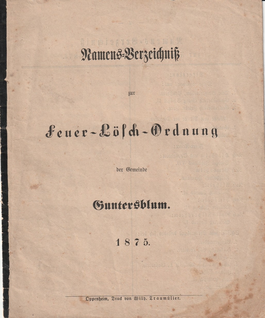 Namens-Verzeichniß zu Feuer-Lösch-Ordnung der Gemeinde Guntersblum (Kulturverein Guntersblum CC BY-NC-SA)