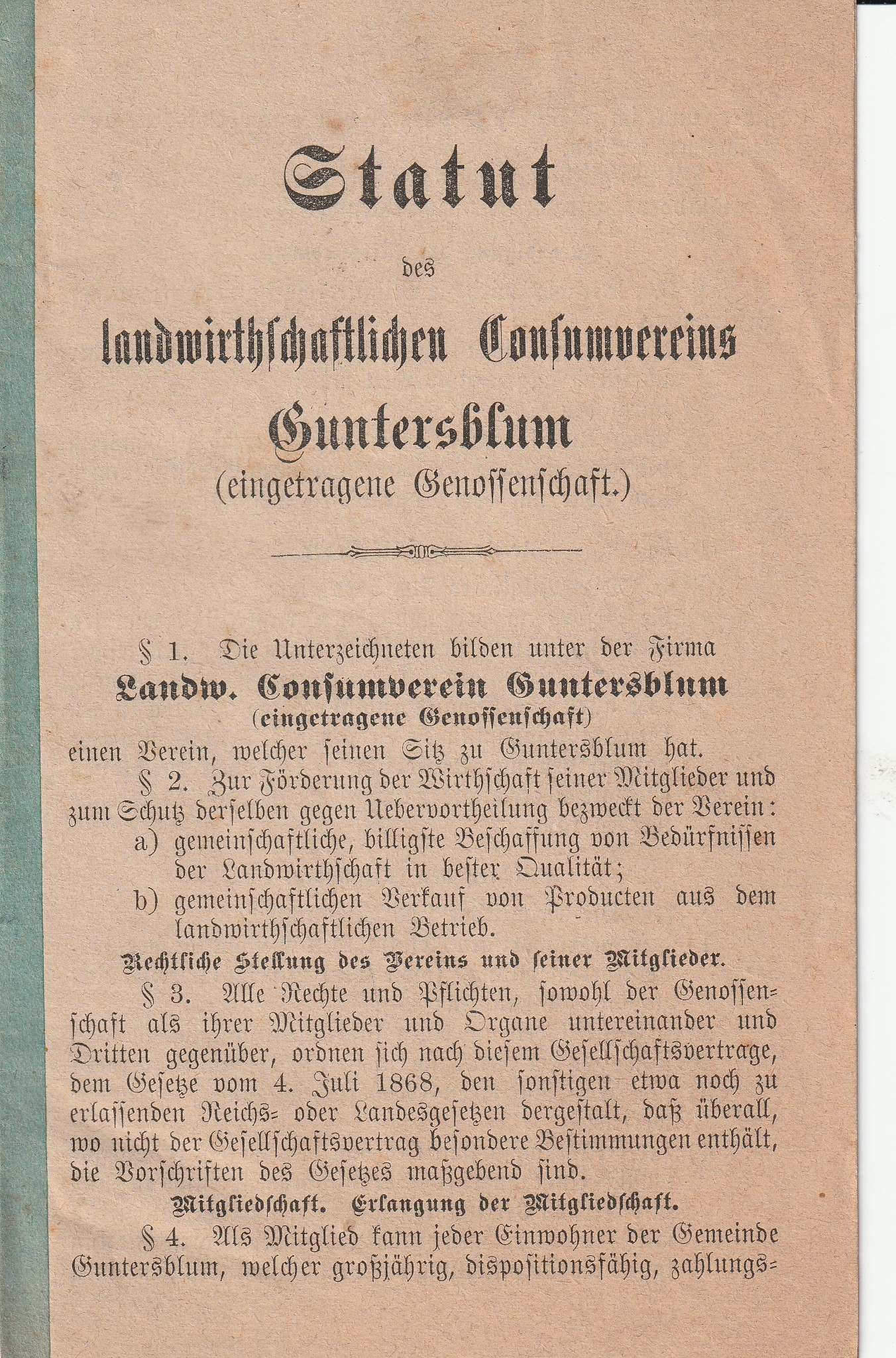 Statuten des Landwirthschaftlichen Consum-Verein Guntersblum (Kulturverein Guntersblum CC BY-NC-SA)