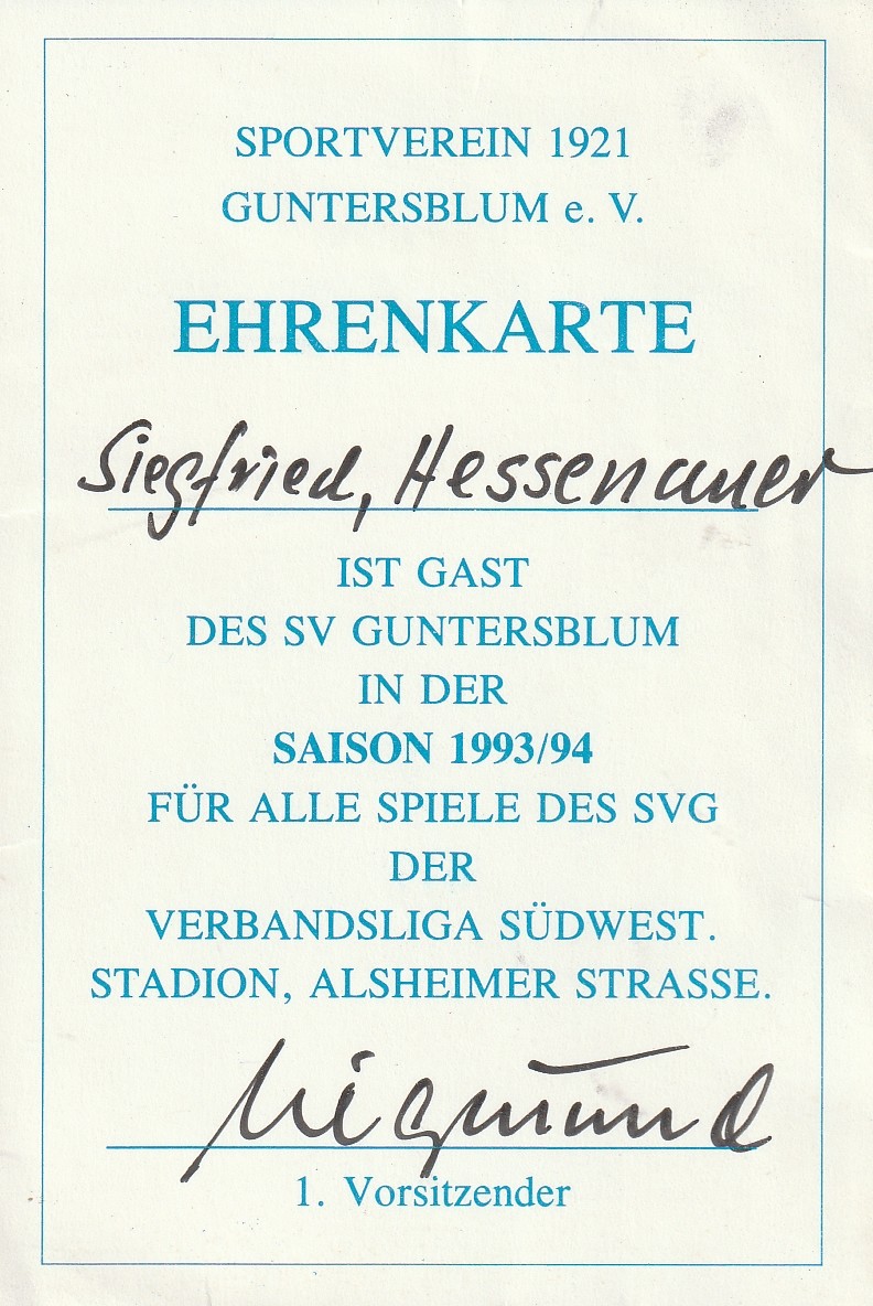 Ehrenkarte des SV Guntersblum Saison 1993-4 (Kulturverein Guntersblum CC BY-NC-SA)