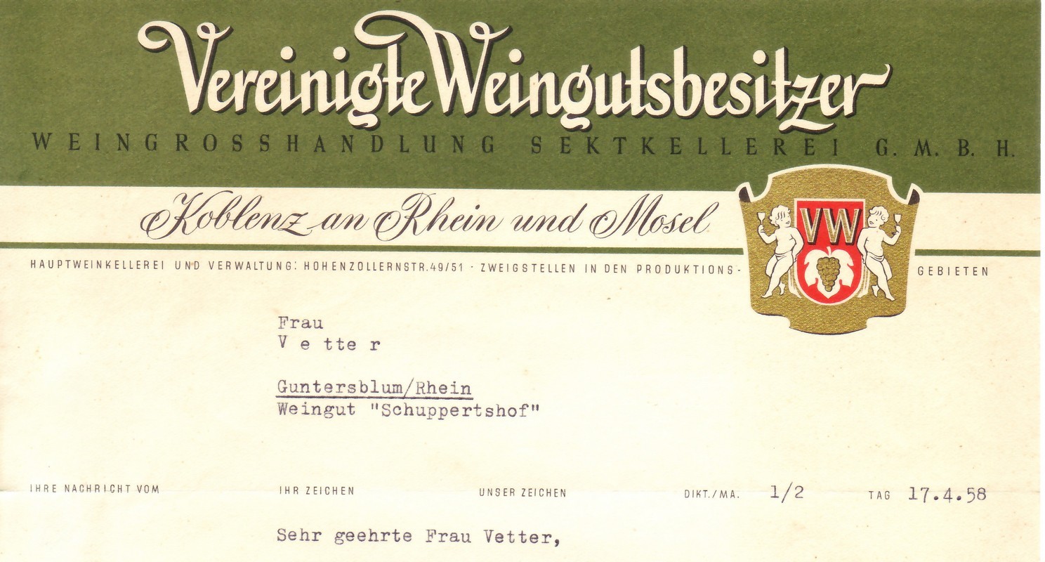 Schriftverkehr: Vetter - Vereinigte Weingutsbesitzer, Koblenz (Kulturverein Guntersblum CC BY-NC-SA)