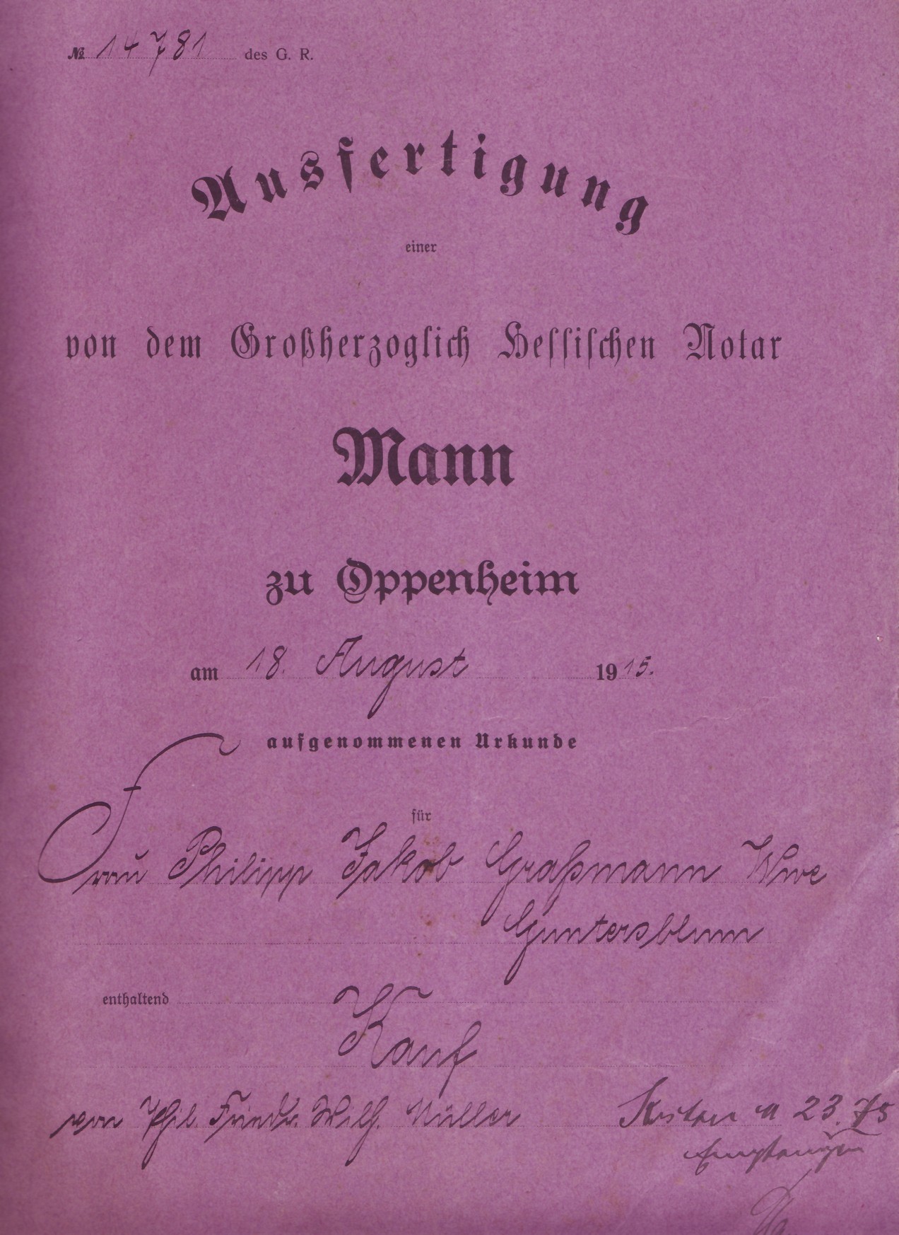 Kaufvertrag Graßmann - Müller zu Guntersblum (Kulturverein Guntersblum CC BY-NC-SA)