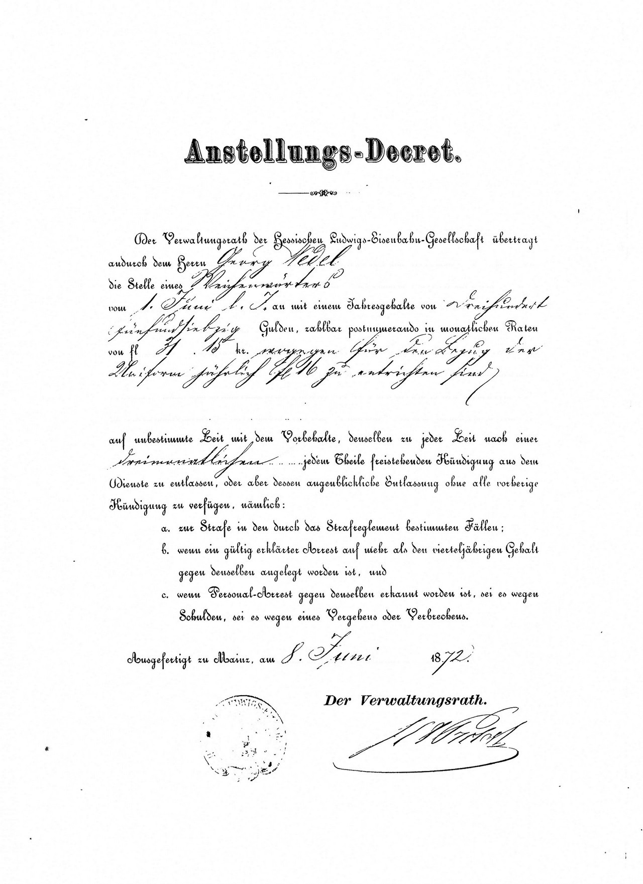 Anstellungsdekret der Hessische Ludwigs-Eisenbahn-Gesellschaft (Kulturverein Guntersblum CC BY-NC-SA)
