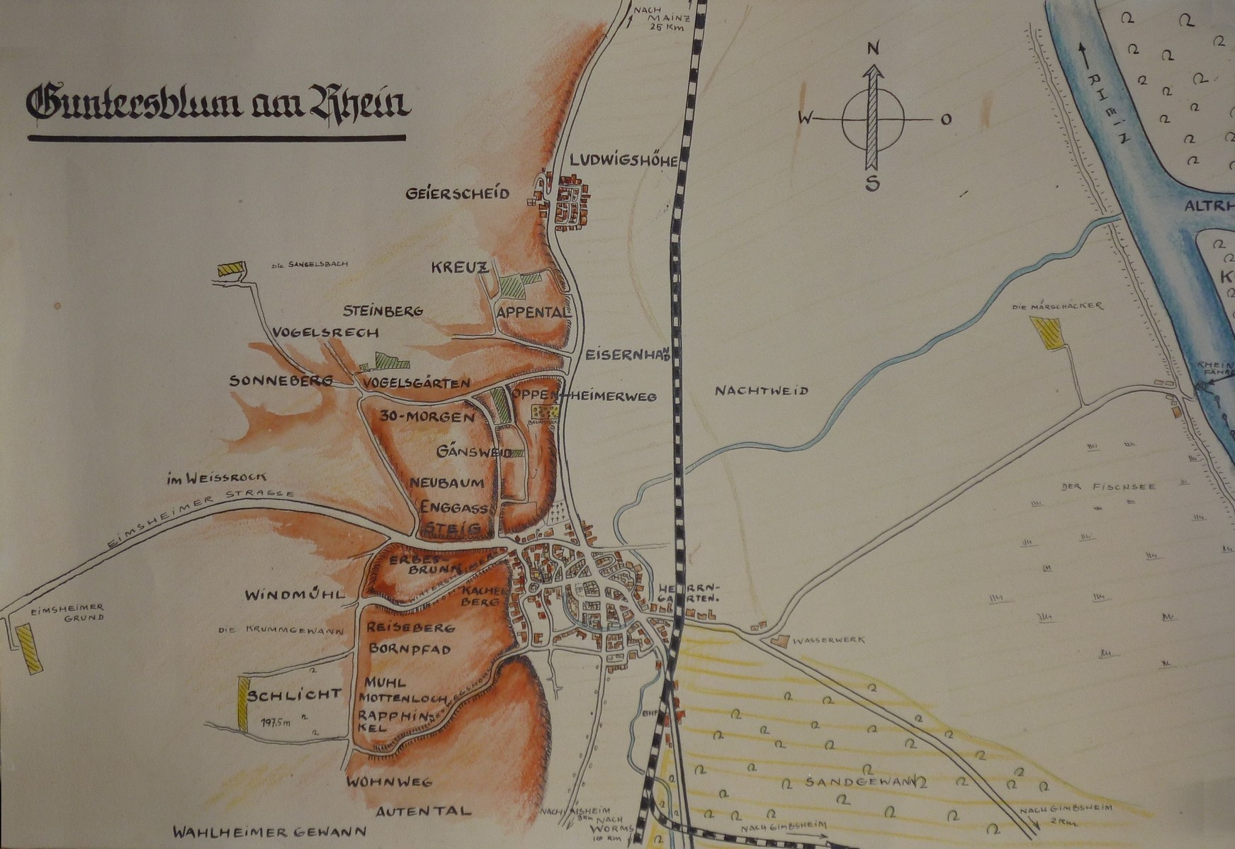 Landkarte Guntersblum am Rhein mit Gemarkung (Kulturverein Guntersblum CC BY-NC-SA)