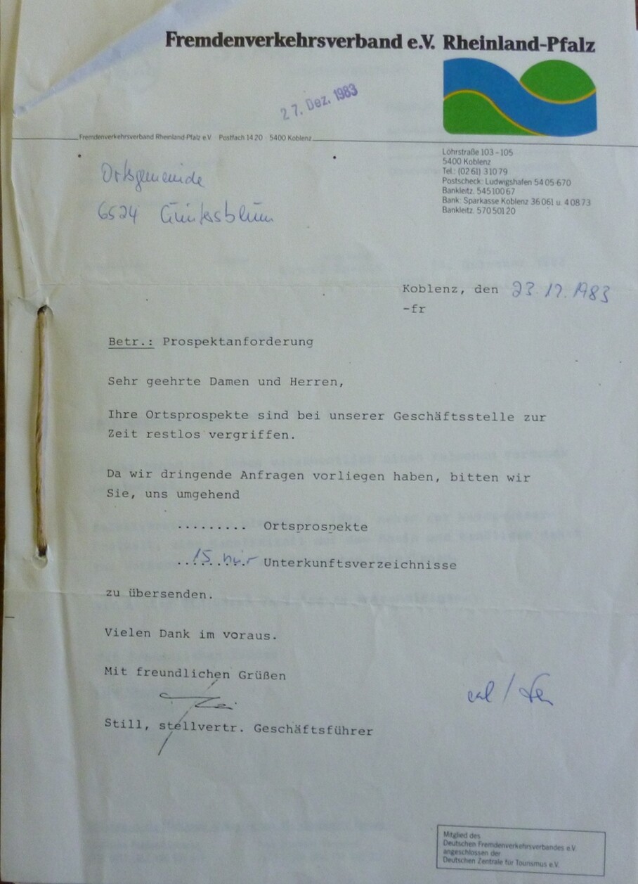 Verkehrsverein Guntersblum e.V. Schriftverkehr 1980 - 1983 (Kulturverein Guntersblum CC BY-NC-SA)