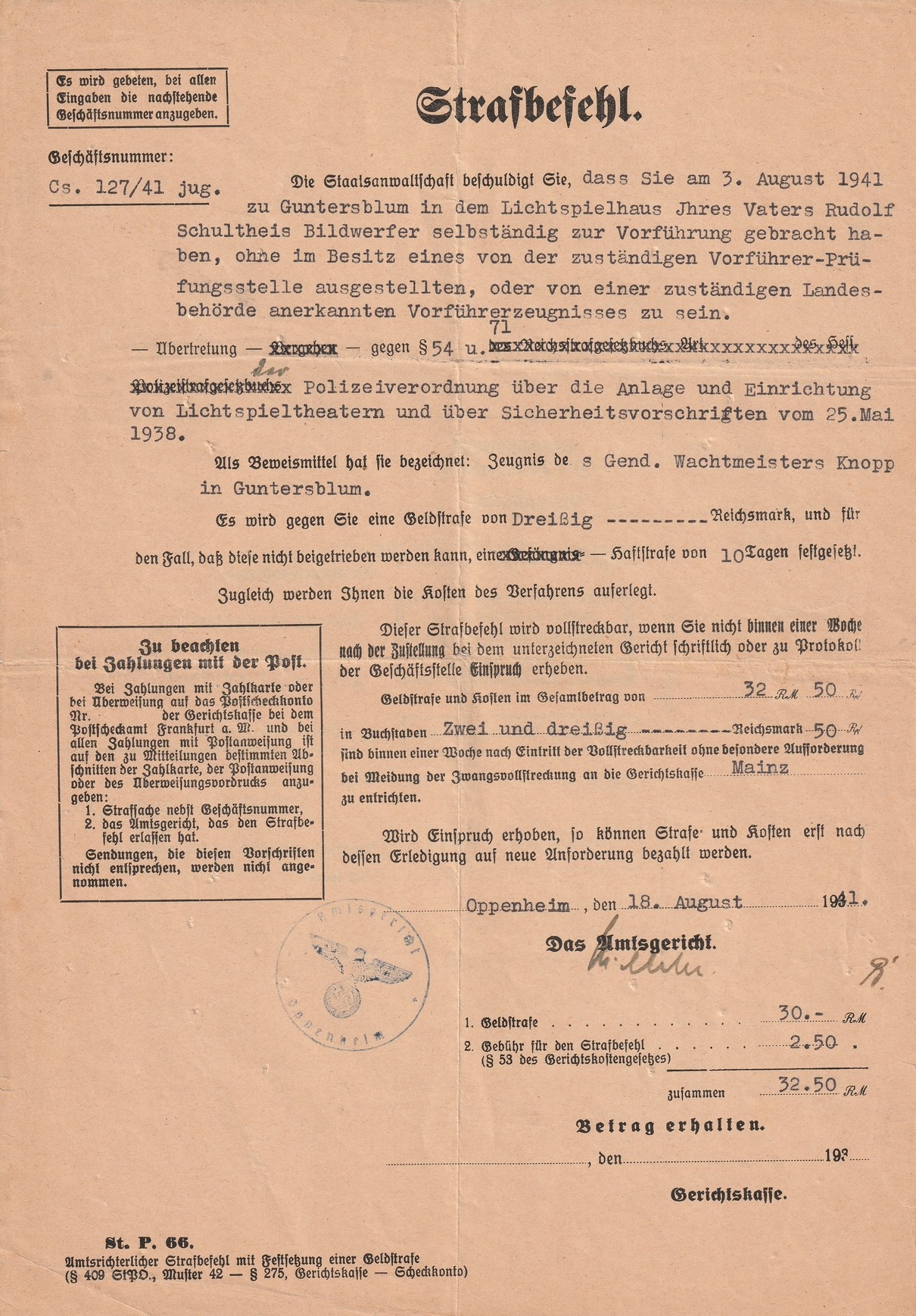 Schließung des Guntersblumer Kinos 1943 (Kulturverein Guntersblum CC BY-NC-SA)