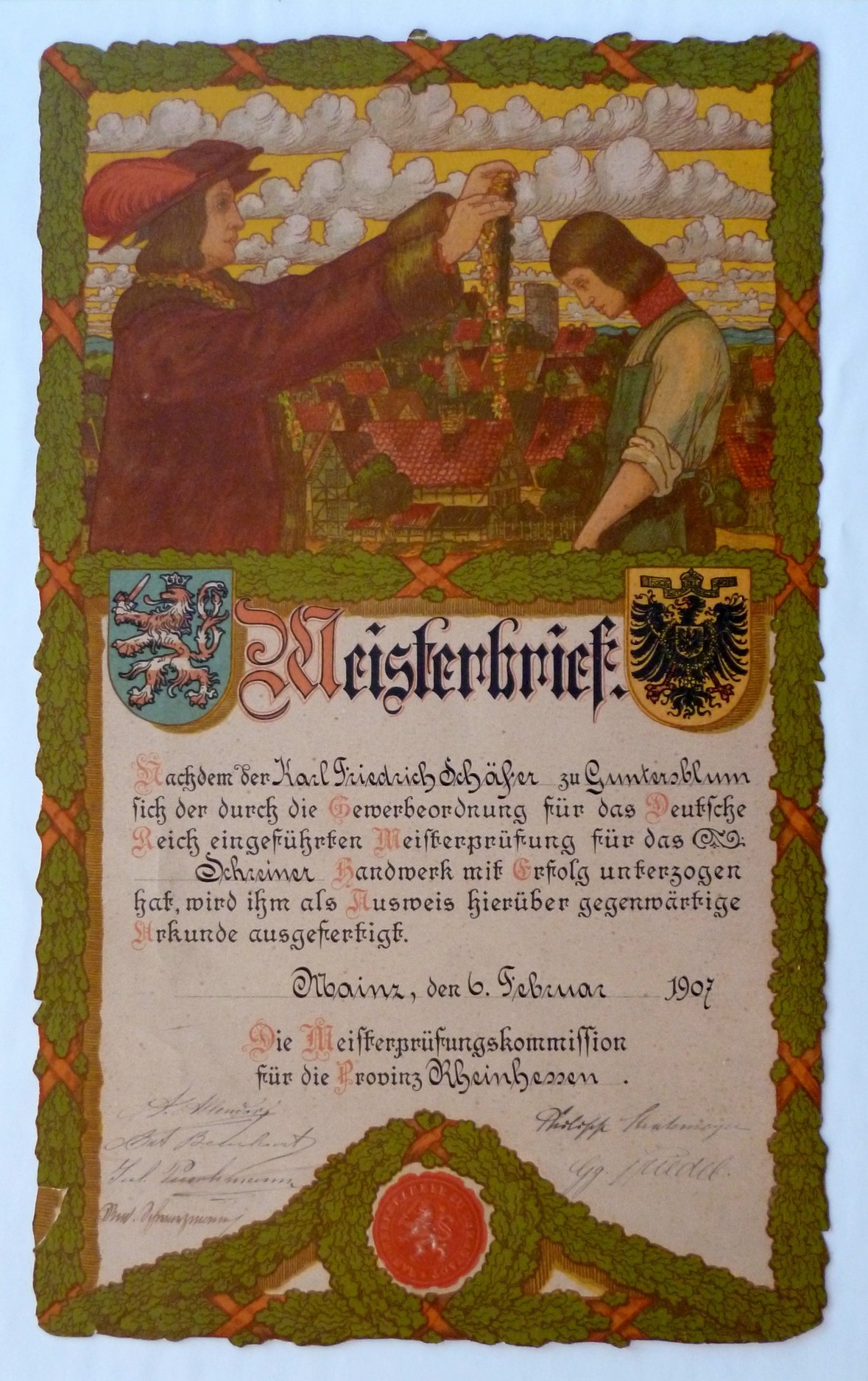 Schreiner Meisterbrief 1902 (Kulturverein Guntersblum CC BY-NC-SA)