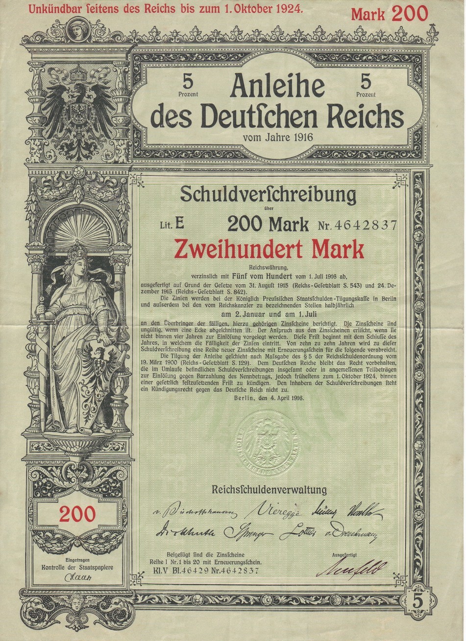 5 Prozent Anleihe des Deutschen Reiches vom Jahre 1916 (Kulturverein Guntersblum CC BY-NC-SA)