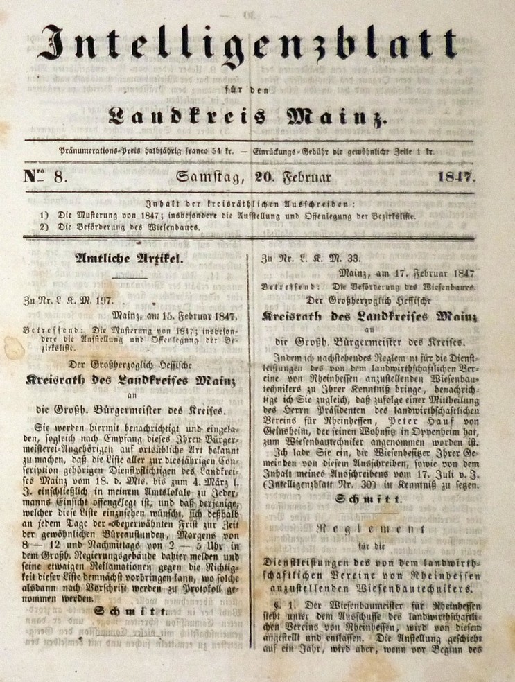 Intelligenzblatt für den Landkreis Mainz Nro. 8 1847 (Kulturverein Guntersblum CC BY-NC-SA)