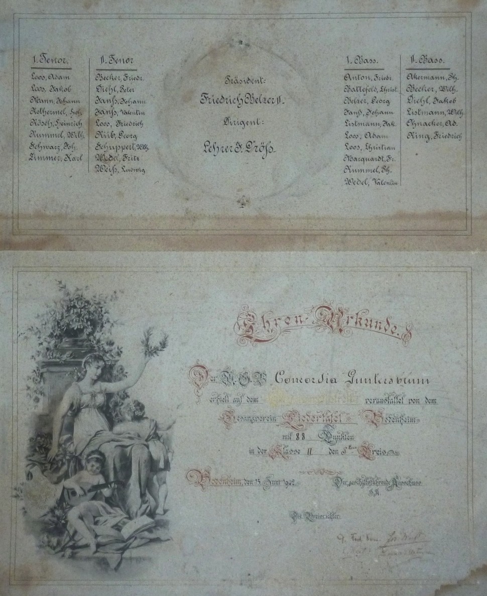 Ehren-Urkunde der MGV Concordia Guntersblum 1902 (Kulturverein Guntersblum CC BY-NC-SA)