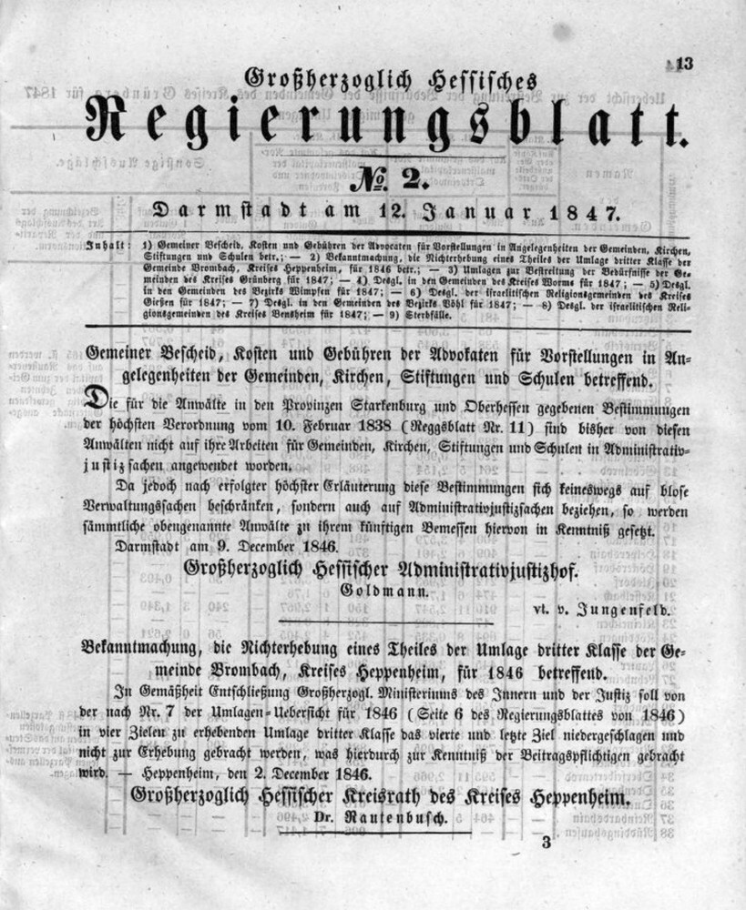 1847 Grossherzoglich hessisches Regierungsblatt (Kulturverein Guntersblum CC BY-NC-SA)