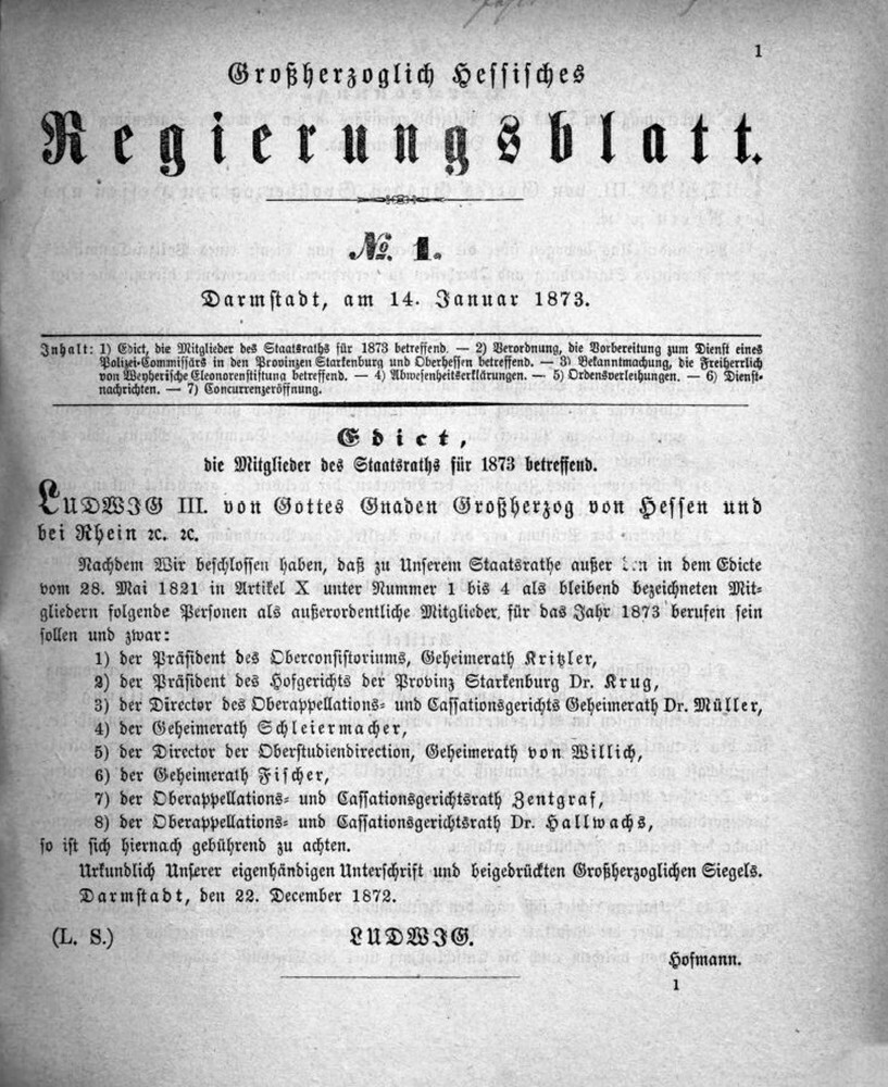 1873 Grossherzoglich hessisches Regierungsblatt (Kulturverein Guntersblum CC BY-NC-SA)