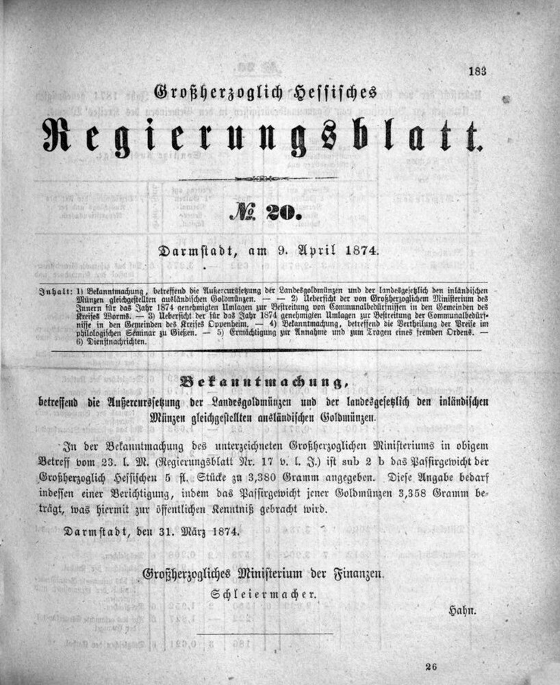 1874 Grossherzoglich hessisches Regierungsblatt (Kulturverein Guntersblum CC BY-NC-SA)