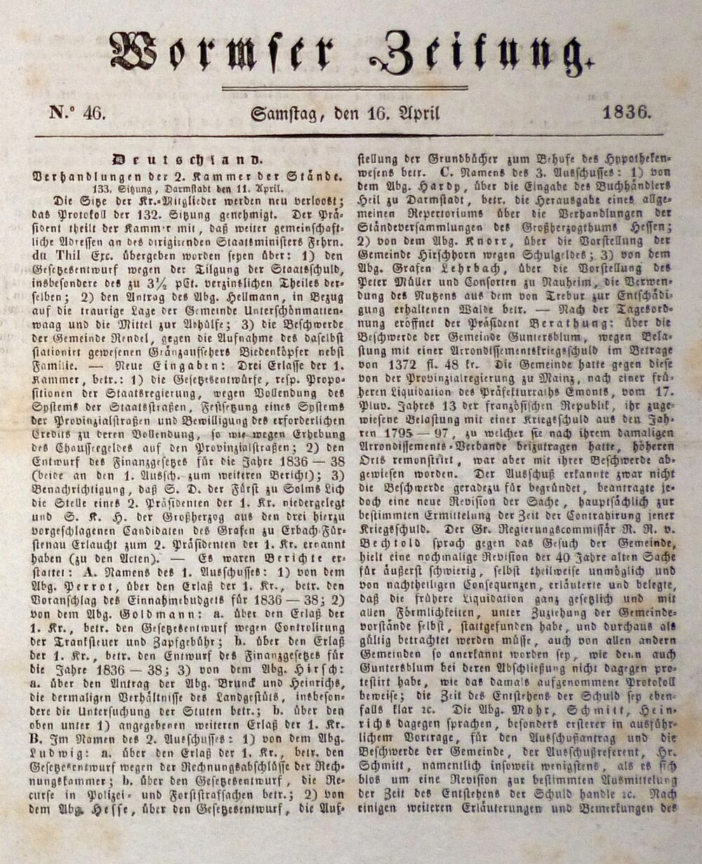 Wormser Zeitung 46/1836 (Kulturverein Guntersblum CC BY-NC-SA)