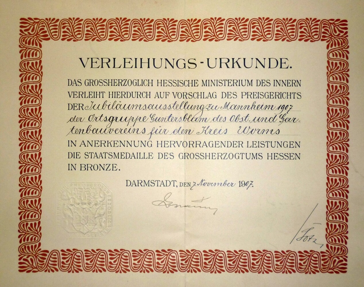 Verleihungsurkunde für die Ortsgruppe Guntersblum des Obst- und Gartenbauvereins (Kulturverein Guntersblum CC BY-NC-SA)