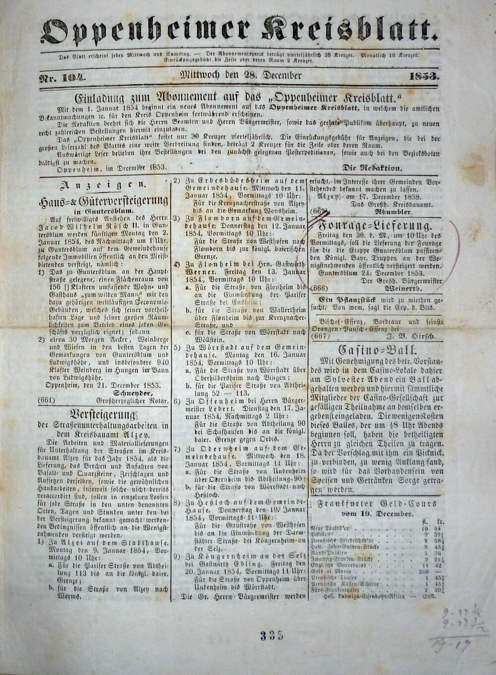 Oppenheimer Kreisblatt 104/1853 (Kulturverein Guntersblum CC BY-NC-SA)
