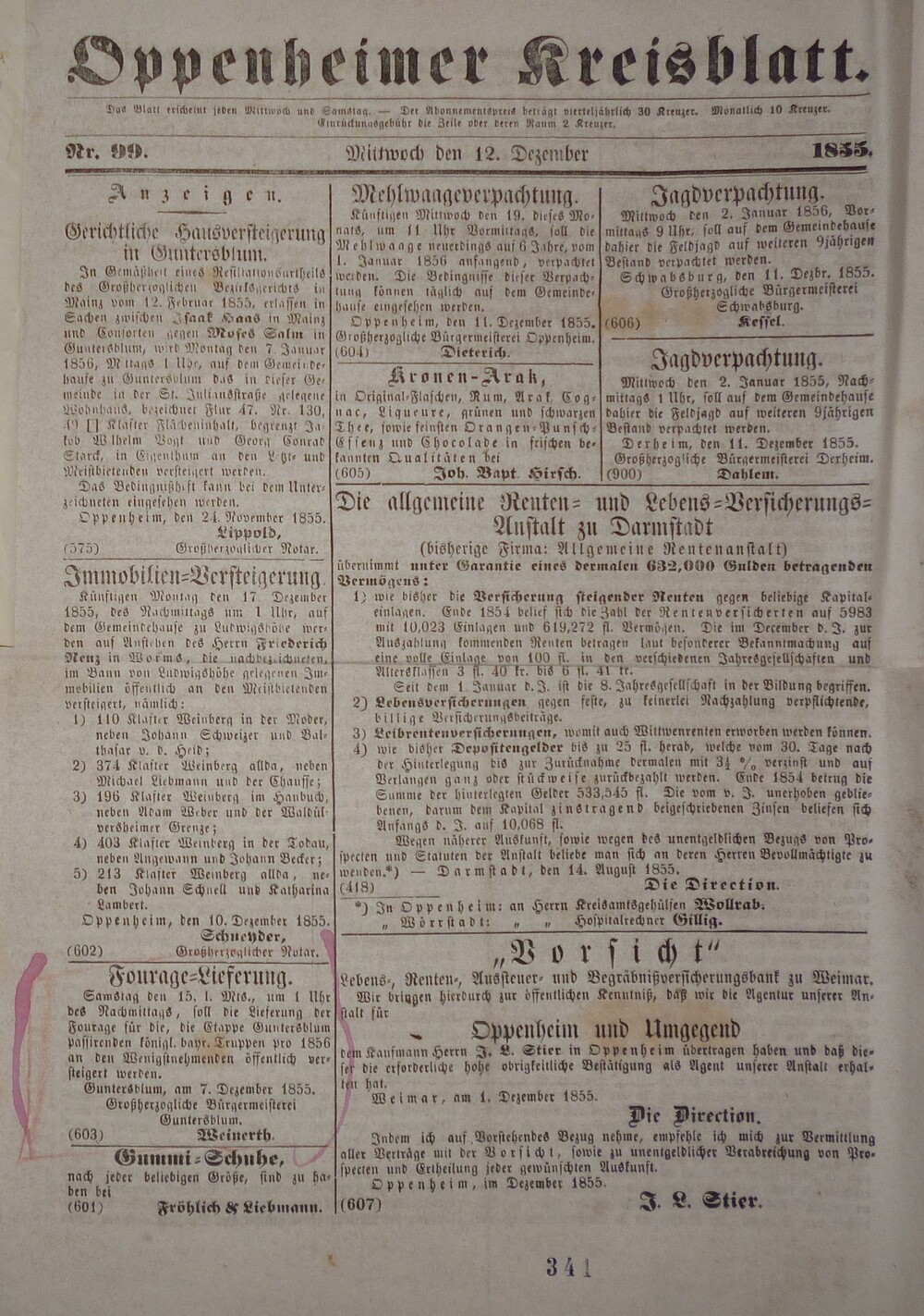 Oppenheimer Kreisblatt 99/1855 (Kulturverein Guntersblum CC BY-NC-SA)