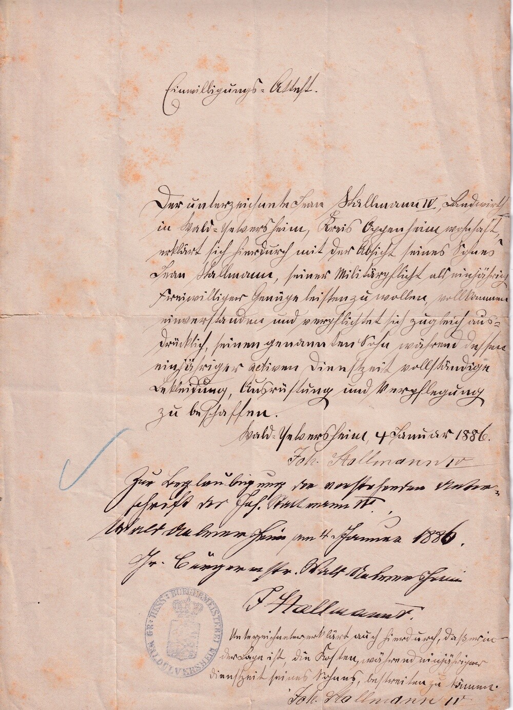Einwilligungsattest für den 1-jährigen Militärdienst 1886 (Kulturverein Guntersblum CC BY-NC-SA)