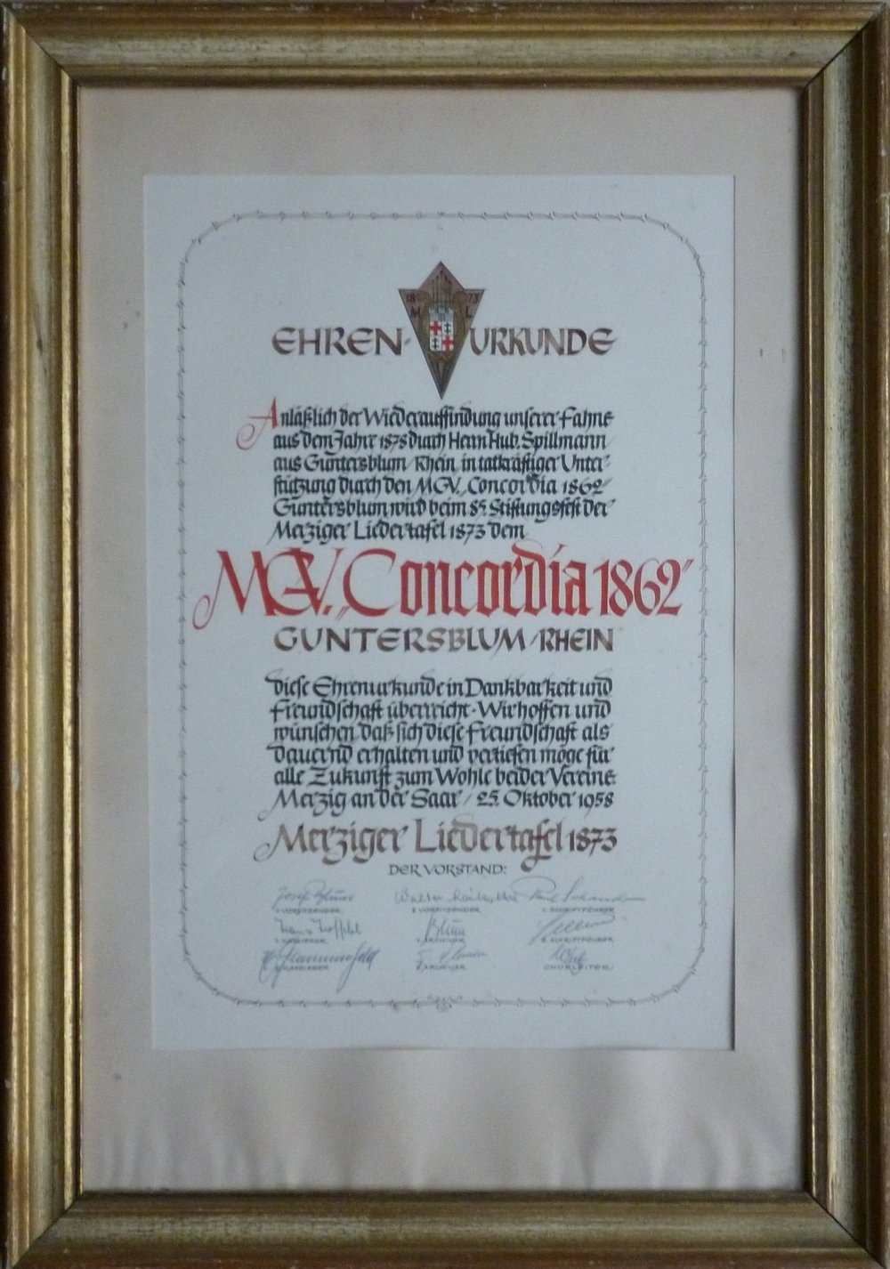 Ehrenurkunde für den M.G.V. Concordia (Kulturverein Guntersblum CC BY-NC-SA)