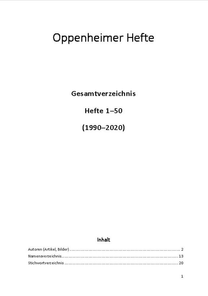 Oppenheimer Hefte Gesamtverzeichnis Hefte 1–50 (1990–2020) (Kulturverein Guntersblum CC BY-NC-SA)