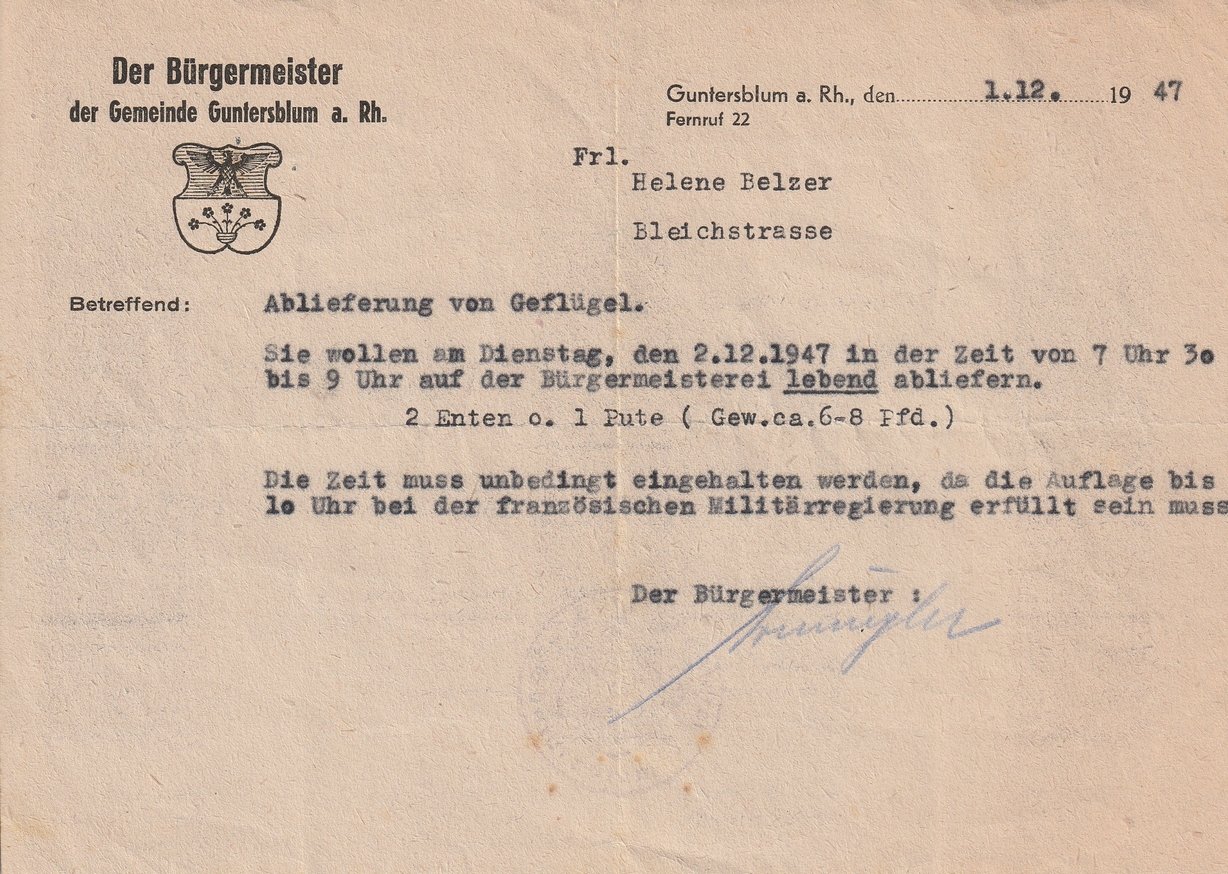 Requisitionen der französischen Militärregierung nach dem 2. Weltkrieg (Museum Guntersblum CC BY-NC-SA)
