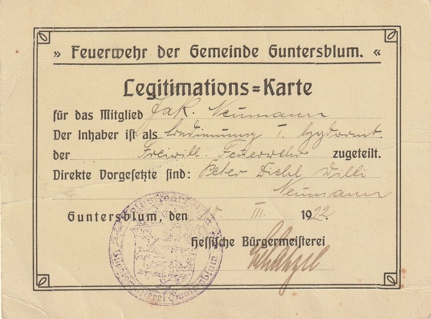 Legitimationskarte Feuerwehr Guntersblum (Museum Guntersblum CC BY-NC-SA)