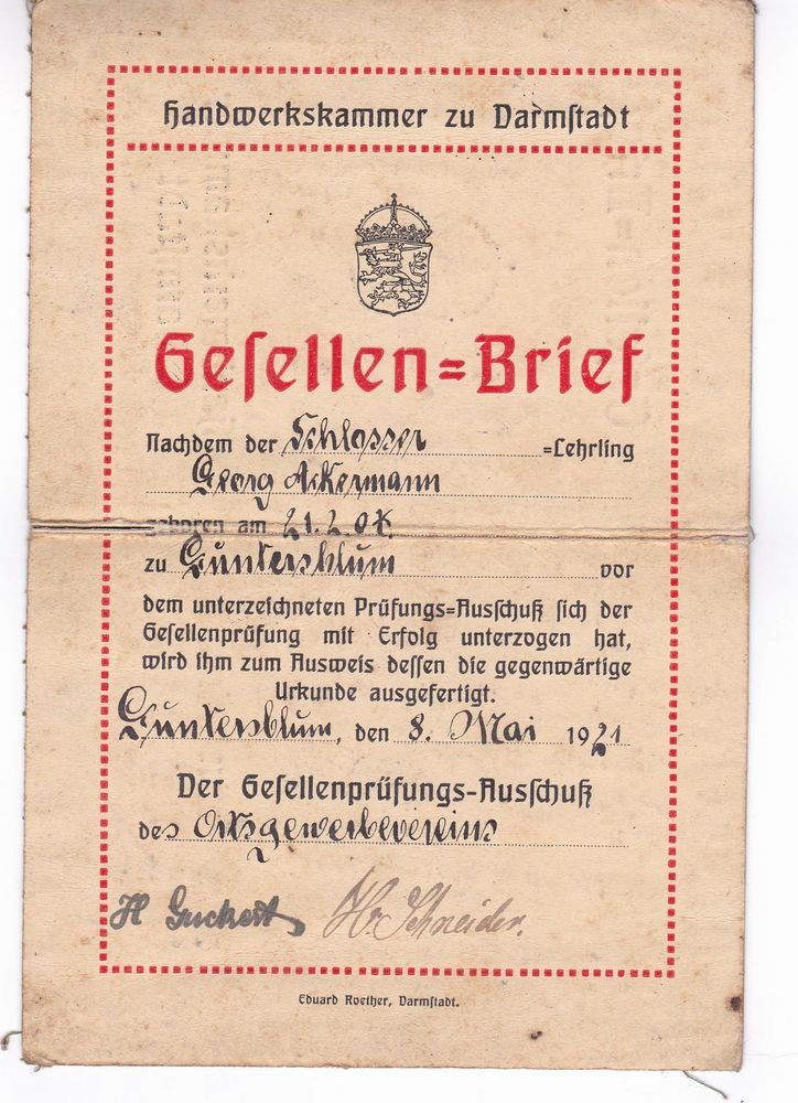 Gesellenbrief von Georg Ackermann (Kulturverein Guntersblum CC BY-NC-SA)