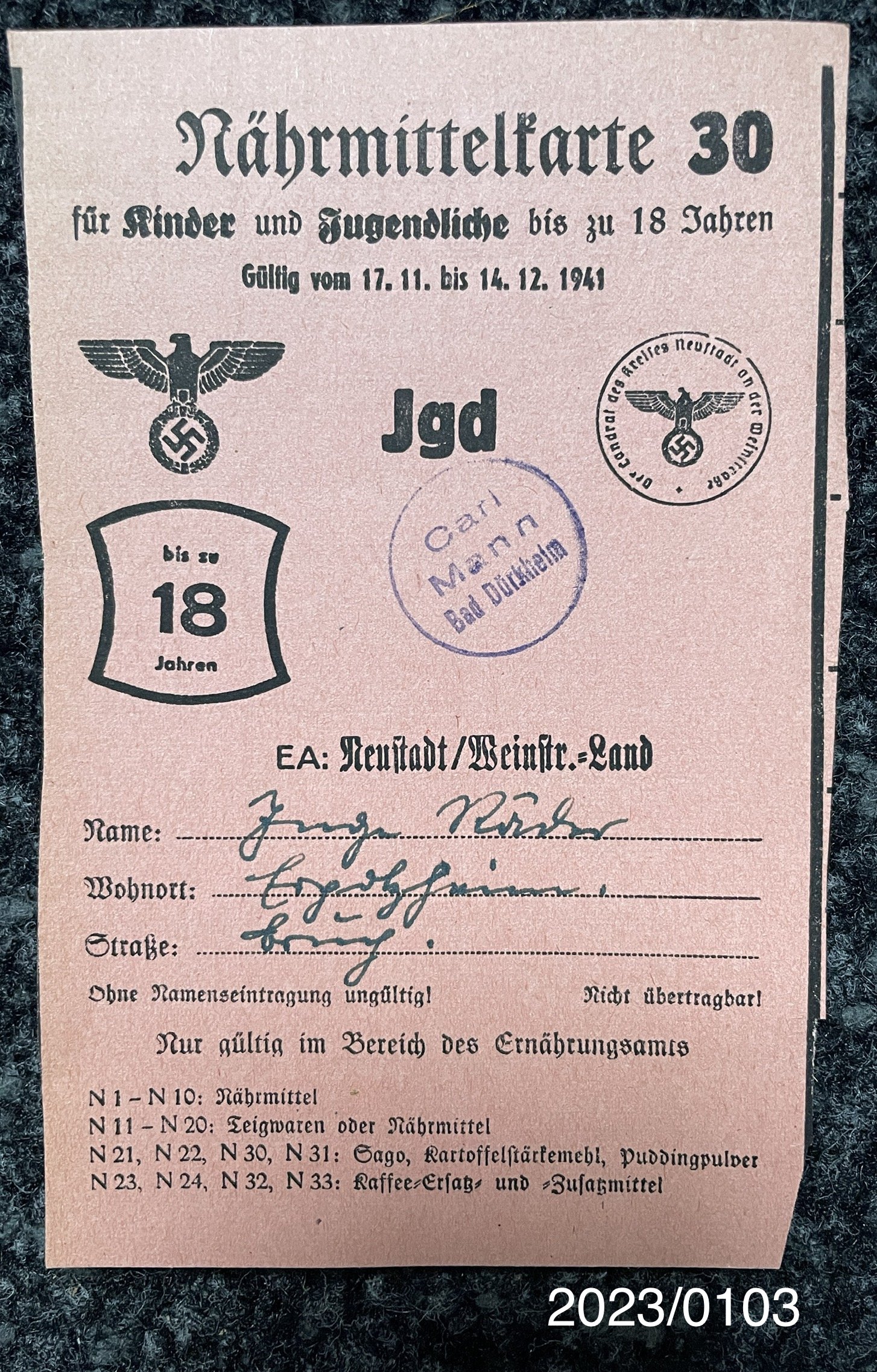 Nährmittelkarte Kinder/Jugendliche Nr. 30 1940 (Stadtmuseum Bad Dürkheim im Kulturzentrum Haus Catoir CC BY-NC-SA)