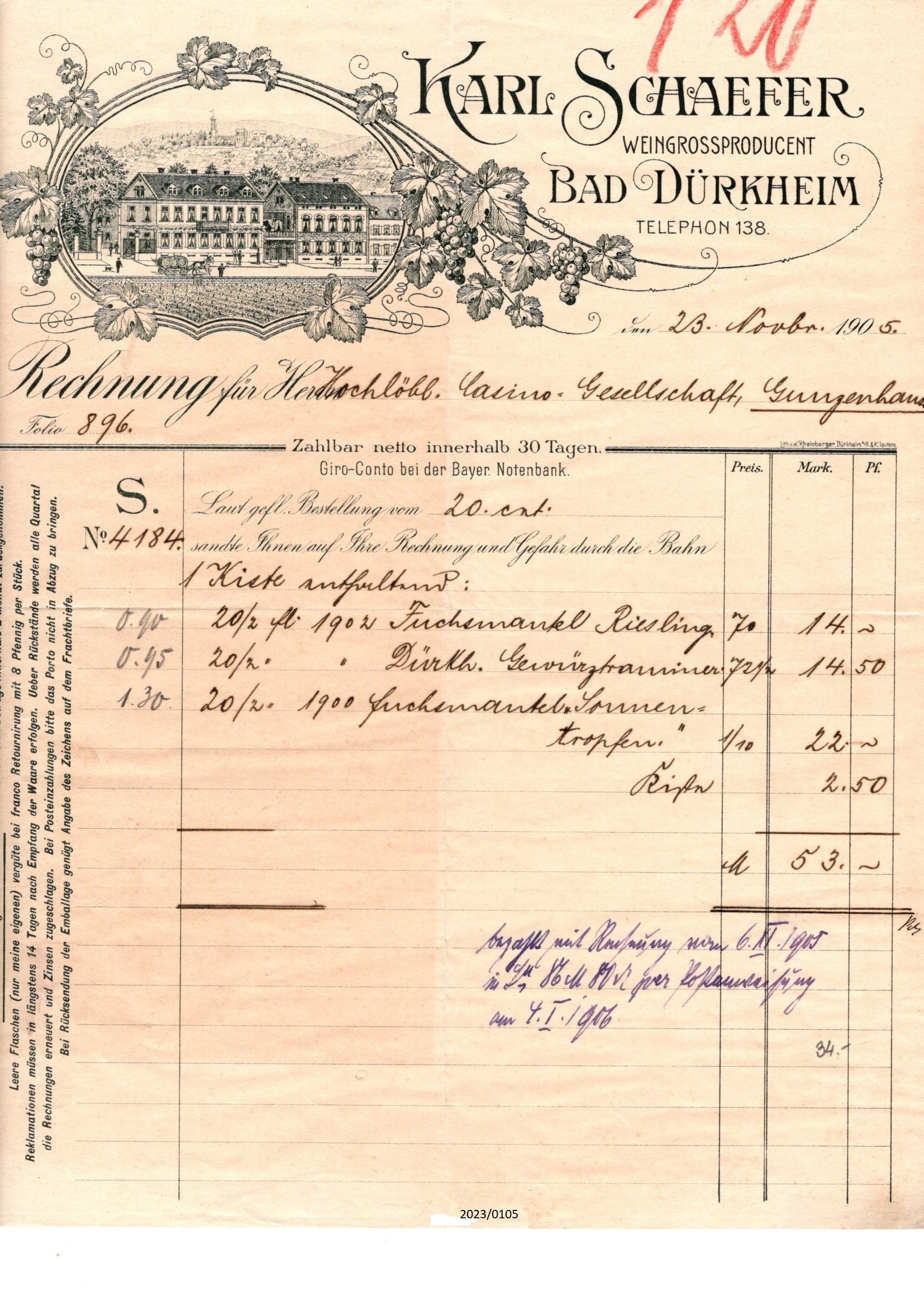 Rechnung von 1905 des Karl Schaefer- Weingrossproduzent (Stadtmuseum Bad Dürkheim im Kulturzentrum Haus Catoir CC BY-NC-SA)