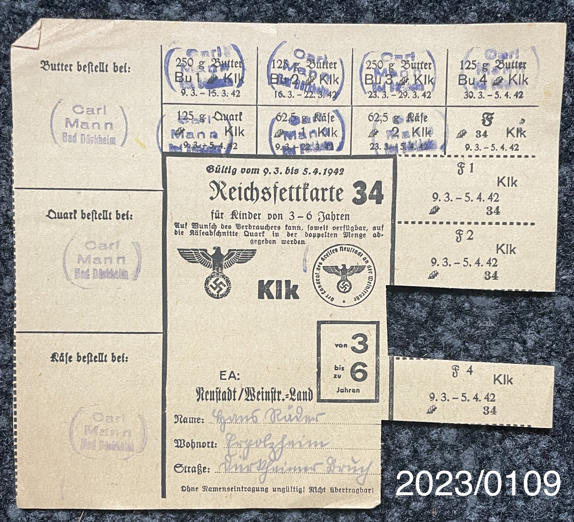 Reichsfettkarte Kinder Nr. 34 1942 (Stadtmuseum Bad Dürkheim im Kulturzentrum Haus Catoir CC BY-NC-SA)
