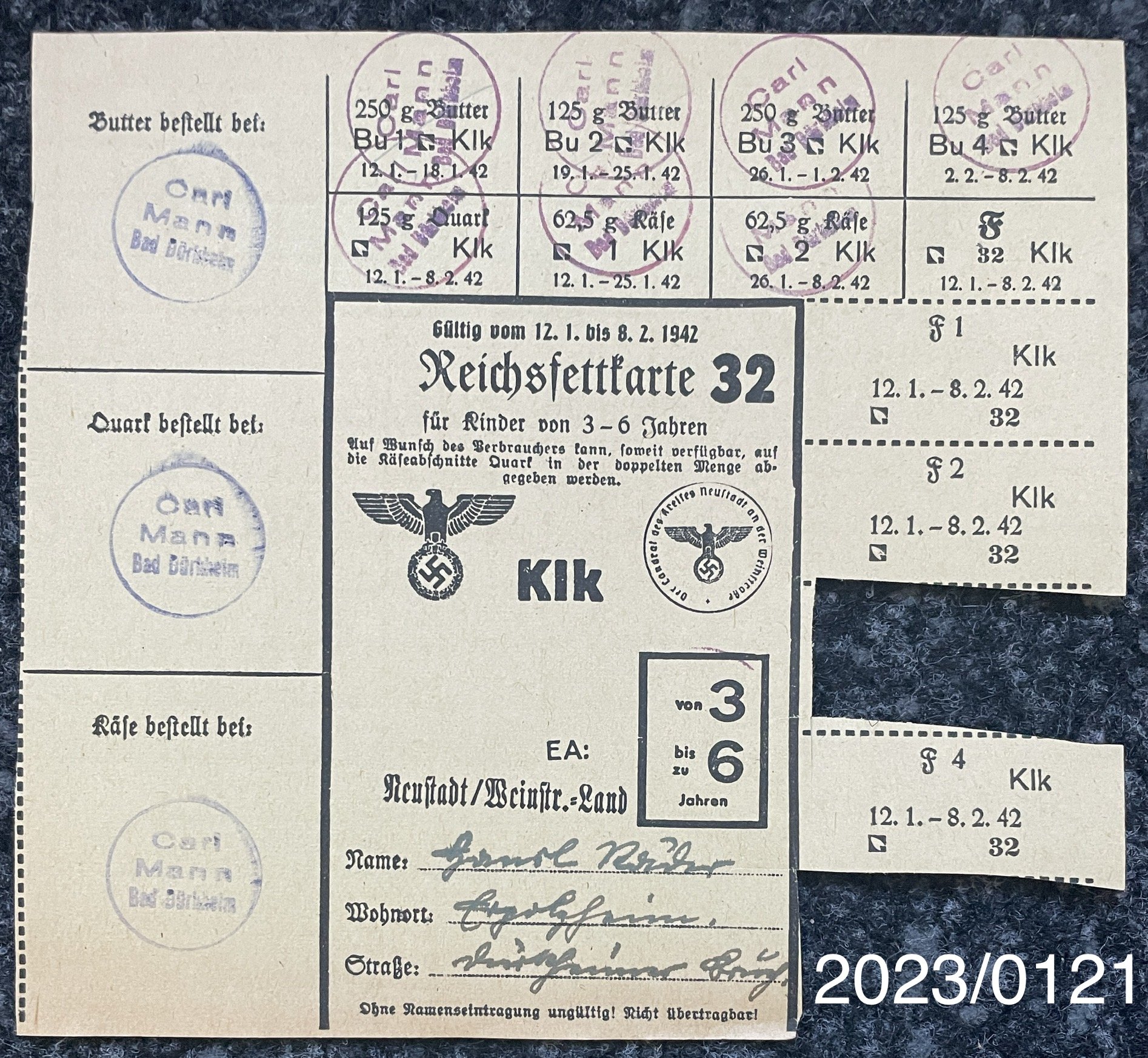 Reichsfettkarte Kinder Nr. 32 1942 (Stadtmuseum Bad Dürkheim im Kulturzentrum Haus Catoir CC BY-NC-SA)