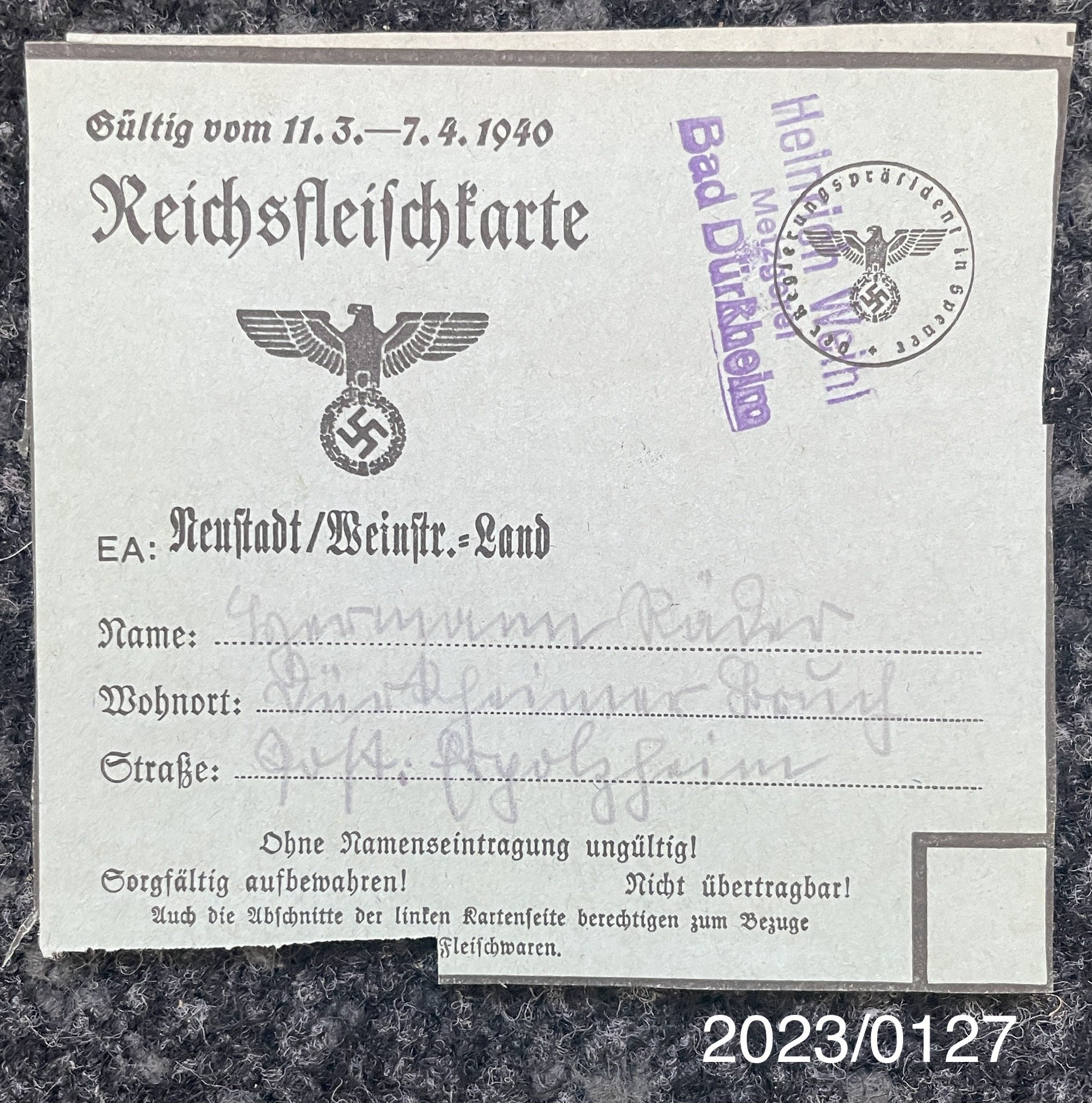 Reichsfleischkarte März/April 1940 (Stadtmuseum Bad Dürkheim im Kulturzentrum Haus Catoir CC BY-NC-SA)