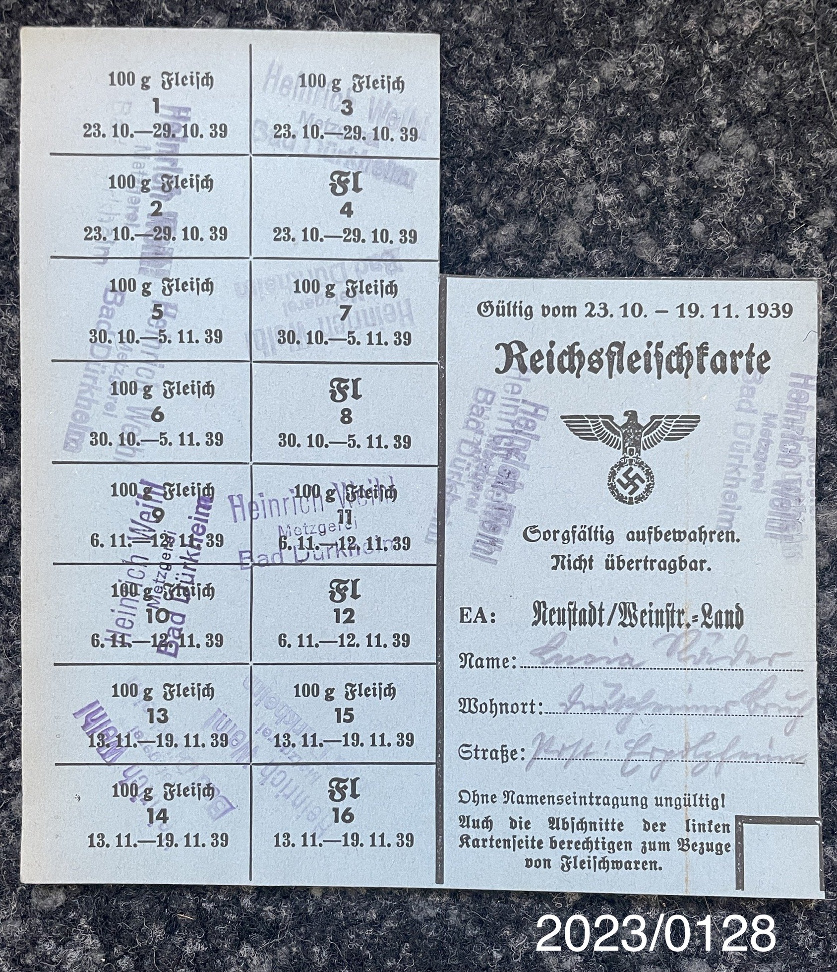 Reichsfleischkarte Oktober/November 1939 (Stadtmuseum Bad Dürkheim im Kulturzentrum Haus Catoir CC BY-NC-SA)