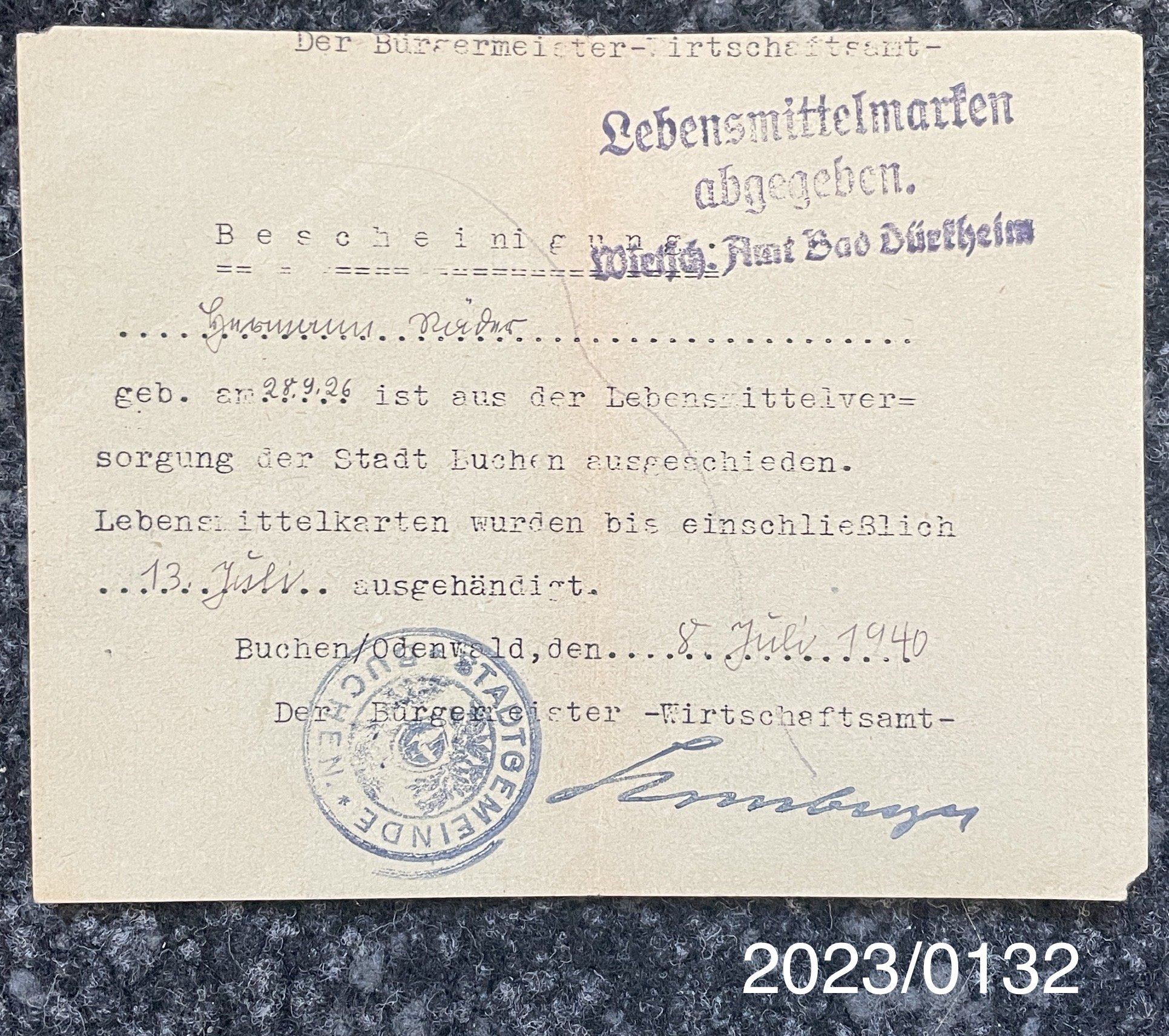 Bescheinigung Abgabe Lebensmittelmarken Hermann Räder Buchen 1940 (Stadtmuseum Bad Dürkheim im Kulturzentrum Haus Catoir CC BY-NC-SA)