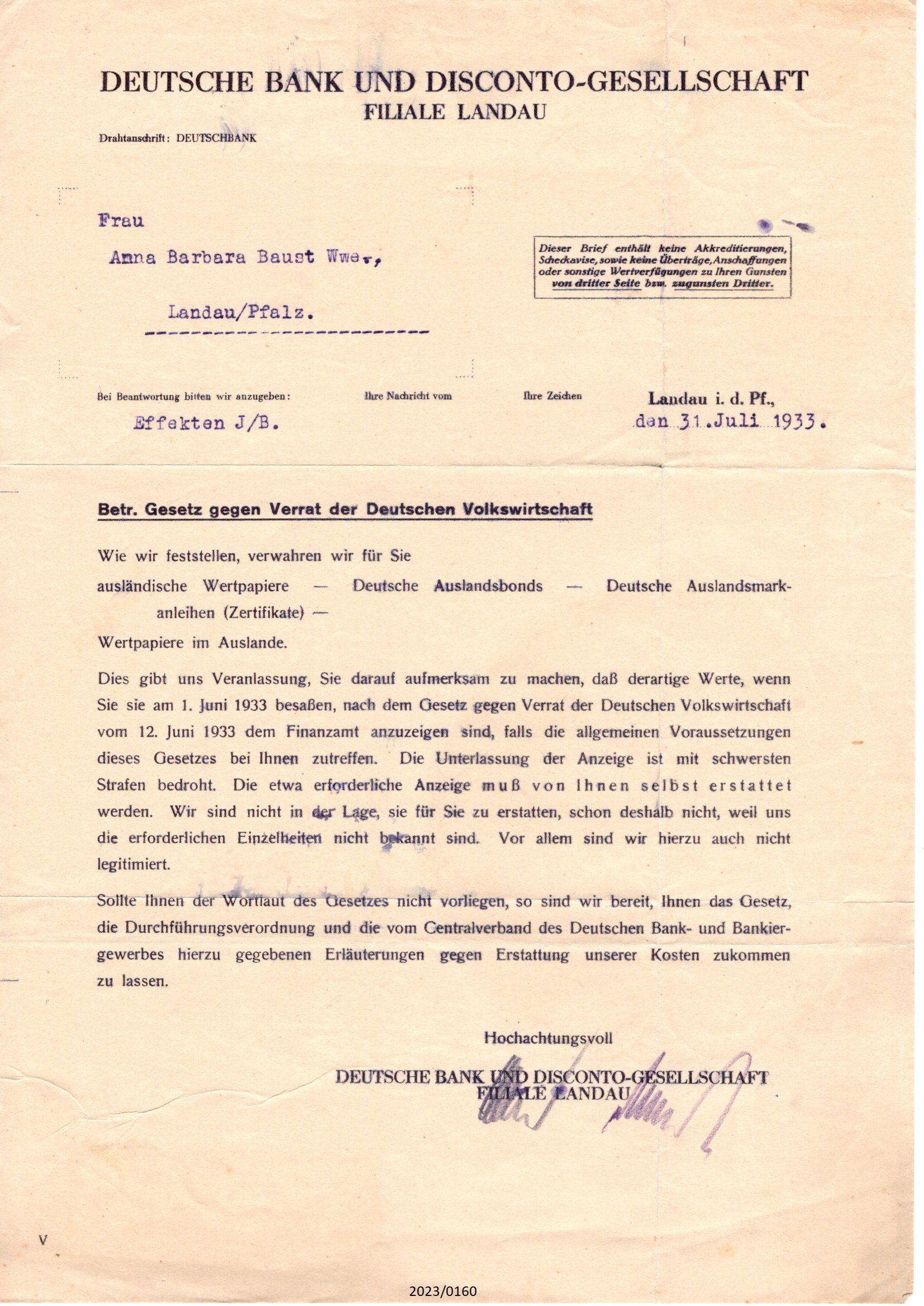 Brief der Deutschen Bank an Anna Baust 1933 (Stadtmuseum Bad Dürkheim im Kulturzentrum Haus Catoir CC BY-NC-SA)