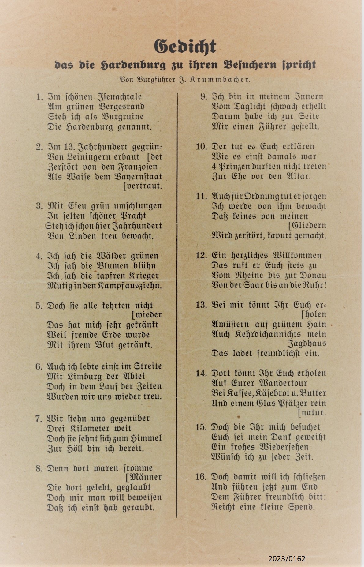 Gedicht, das die Hardenburg zu ihren Besuchern spricht (Stadtmuseum Bad Dürkheim im Kulturzentrum Haus Catoir CC BY-NC-SA)