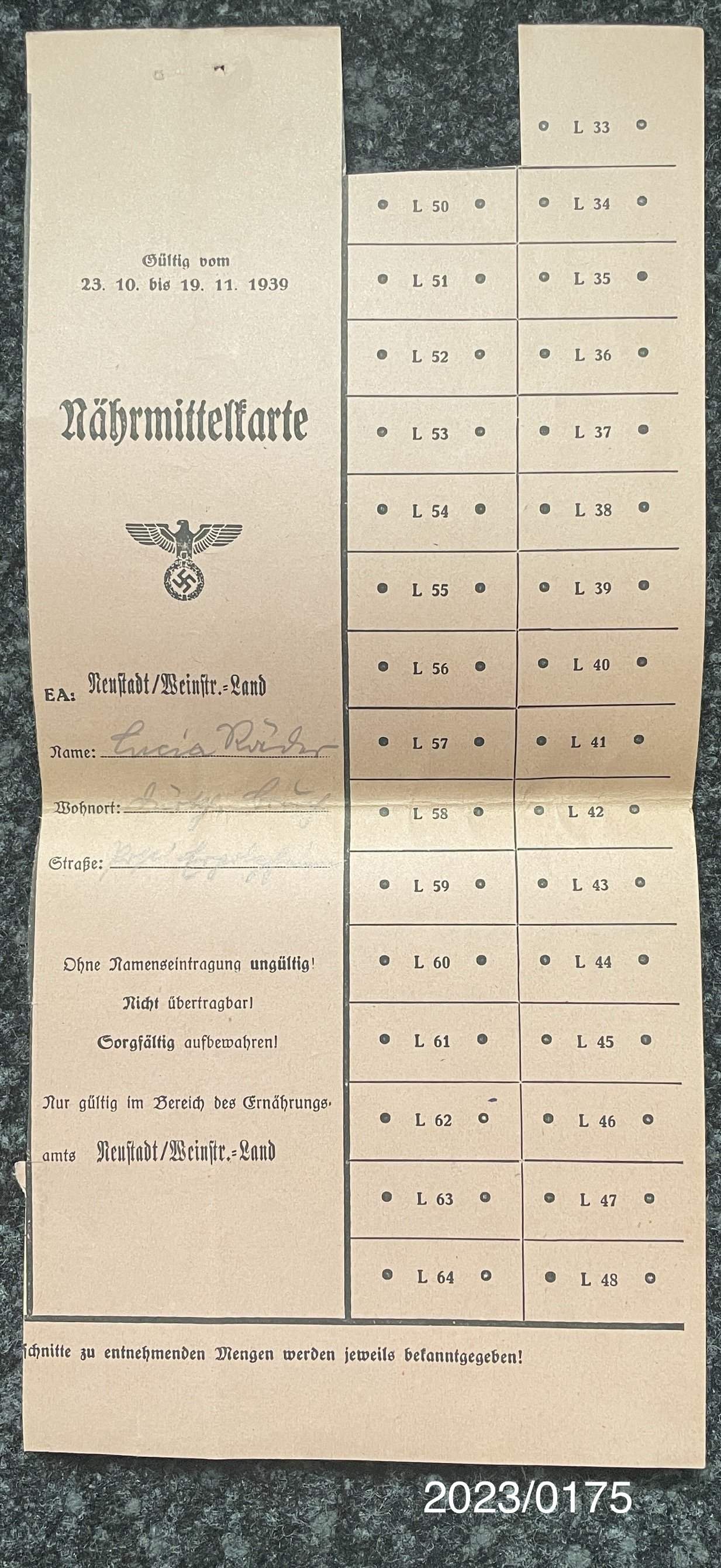 Nährmittelkarte 1939 (Stadtmuseum Bad Dürkheim im Kulturzentrum Haus Catoir CC BY-NC-SA)