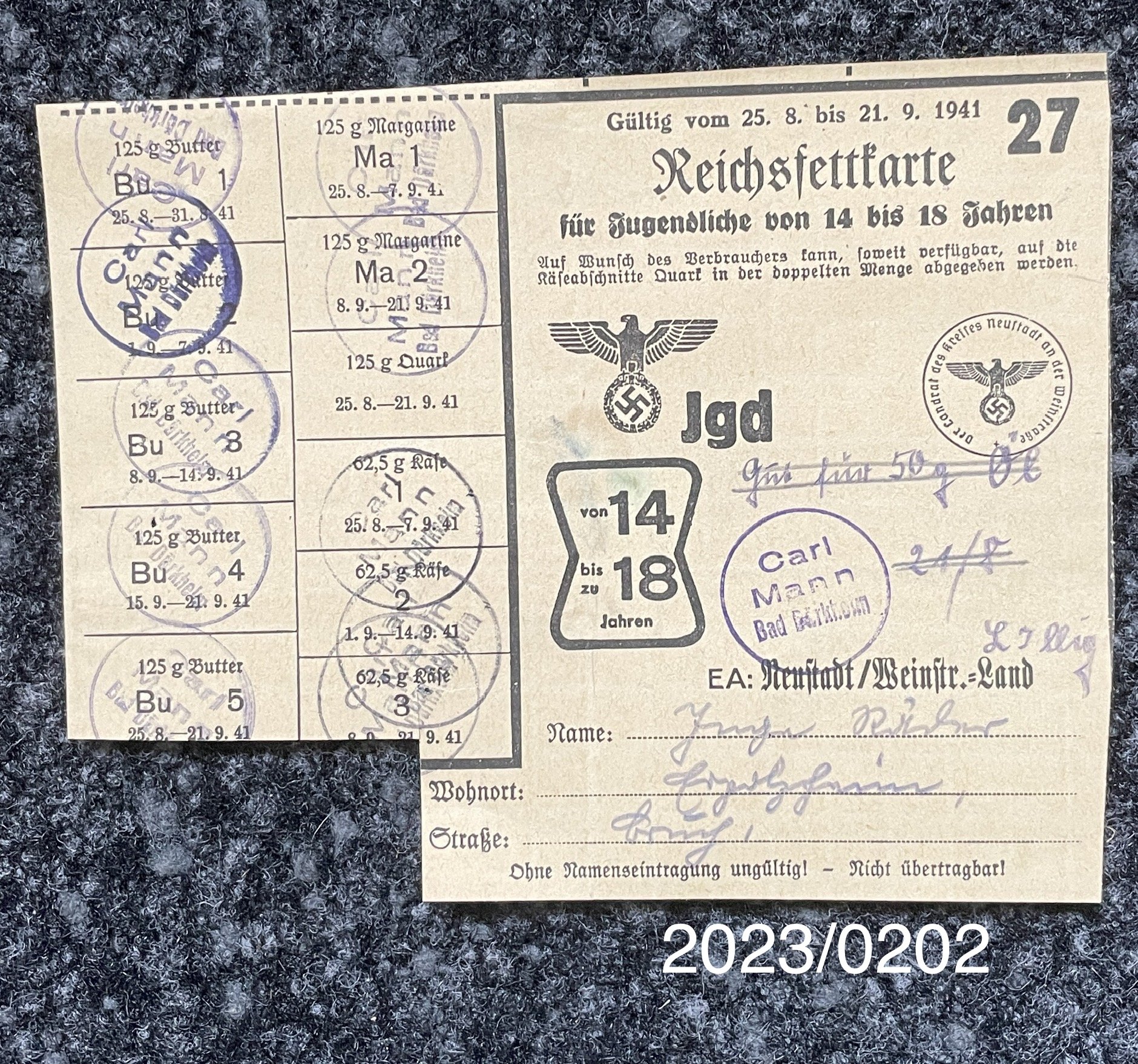Reichsfettkarte Jugend Nr. 27 1941 (Stadtmuseum Bad Dürkheim im Kulturzentrum Haus Catoir CC BY-NC-SA)